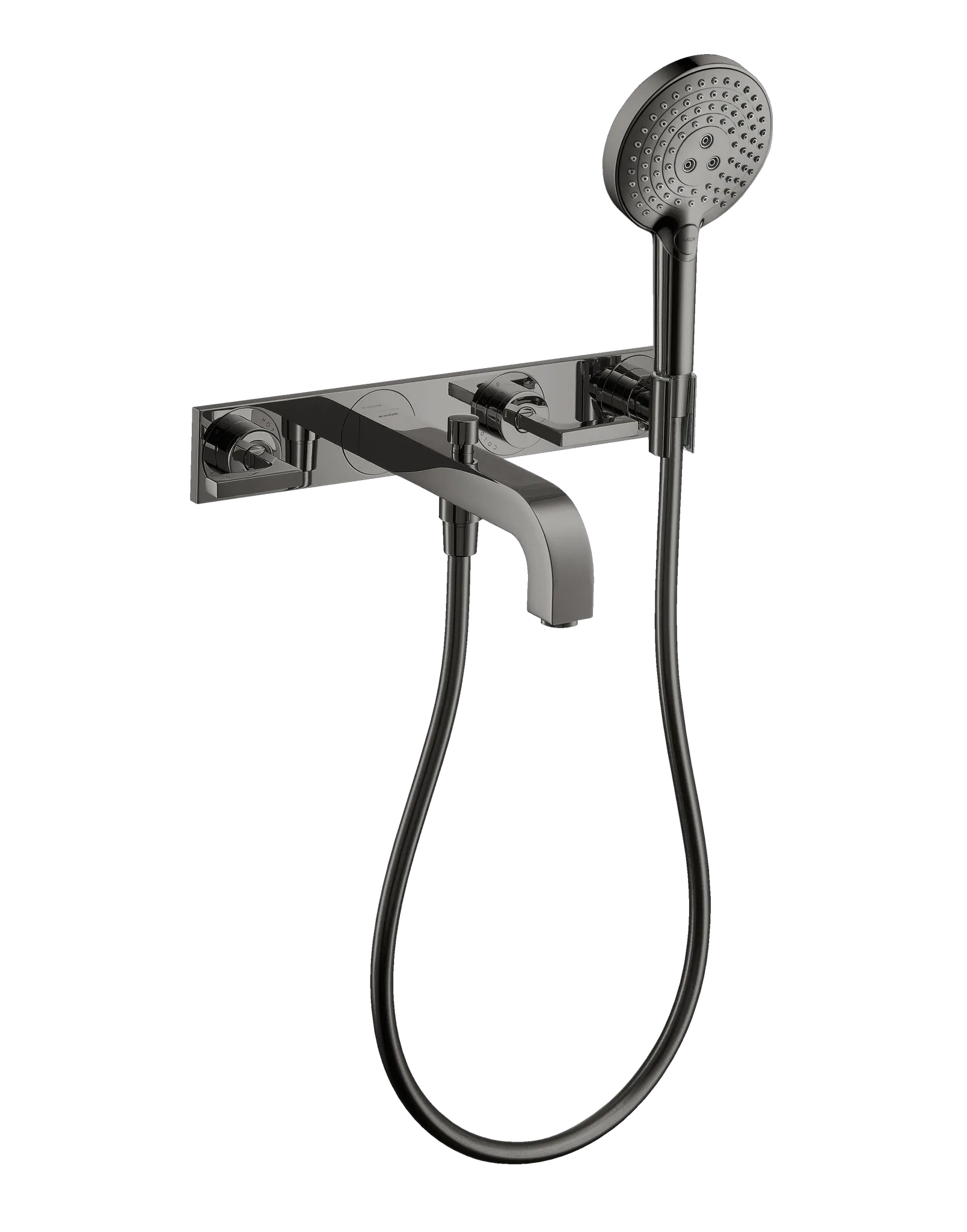 Hansgrohe AXOR Citterio 3-Loch Wannenarmatur Unterputz Polished Black Chrome, Ausladung 222 mm, mit Handbrause und Brauseschlauch