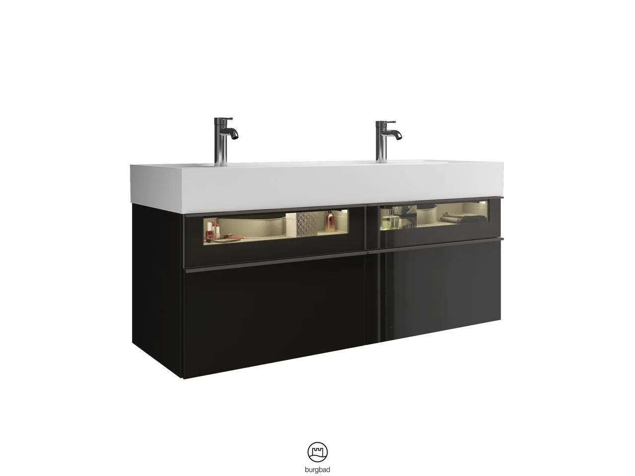 Mi-Waschtisch inkl. WTU Yumo von burgbad – 470x1315x610 mm, Mineralguss, Rauchglasfront, LED-Beleuchtung