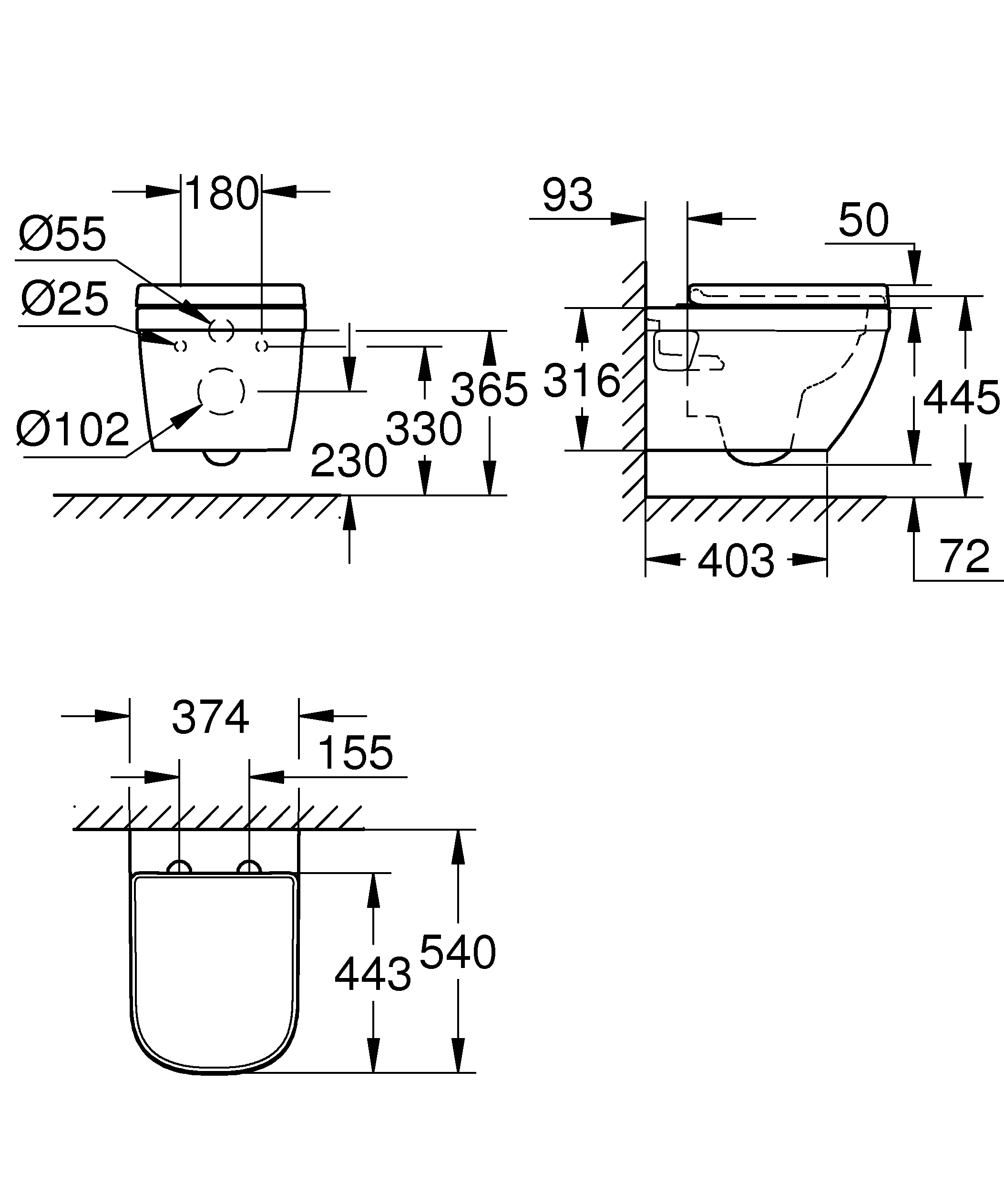 Wand-Tiefspül-WC Set Euro Keramik 39703, mit Euro Keramik Wand-Tiefspül-WC Basic 39 538 000, spülrandlos, aus Sanitärkeramik, mit WC-Sitz und Deckel Soft Close - werkzeuglos abnehmbar, alpinweiß