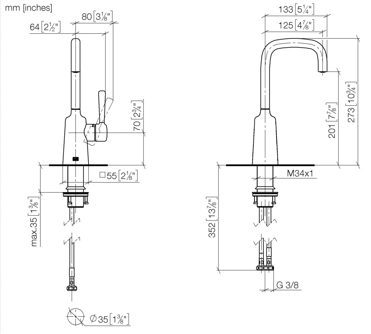 Dornbracht COYA Waschtisch-Einhandbatterie Chrom, Ausladung 125 mm, Armaturenhöhe 273 mm, Bohrungsdurchmesser 35 mm