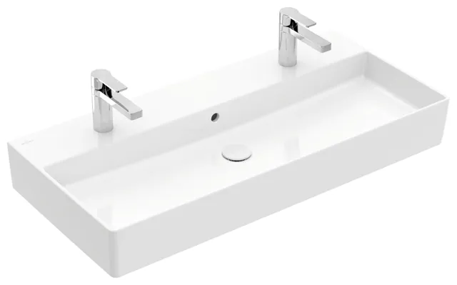 Villeroy & Boch Wandwaschtisch aus TitanCeram geschliffen „Memento 2.0“ 1000 × 470 × 135 mm, Hahnlochposition links und rechts, mit Hahnlochbohrung in Weiß Alpin