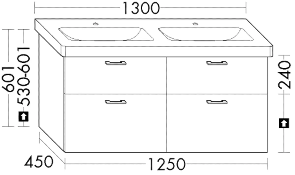 Waschtischunterschrank Sys30 von burgbad - 1.250 mm breit, 450 mm tief, 601 mm hoch, 2 Schubladen oben mit Siphonausschnitt, 2 Auszüge unten