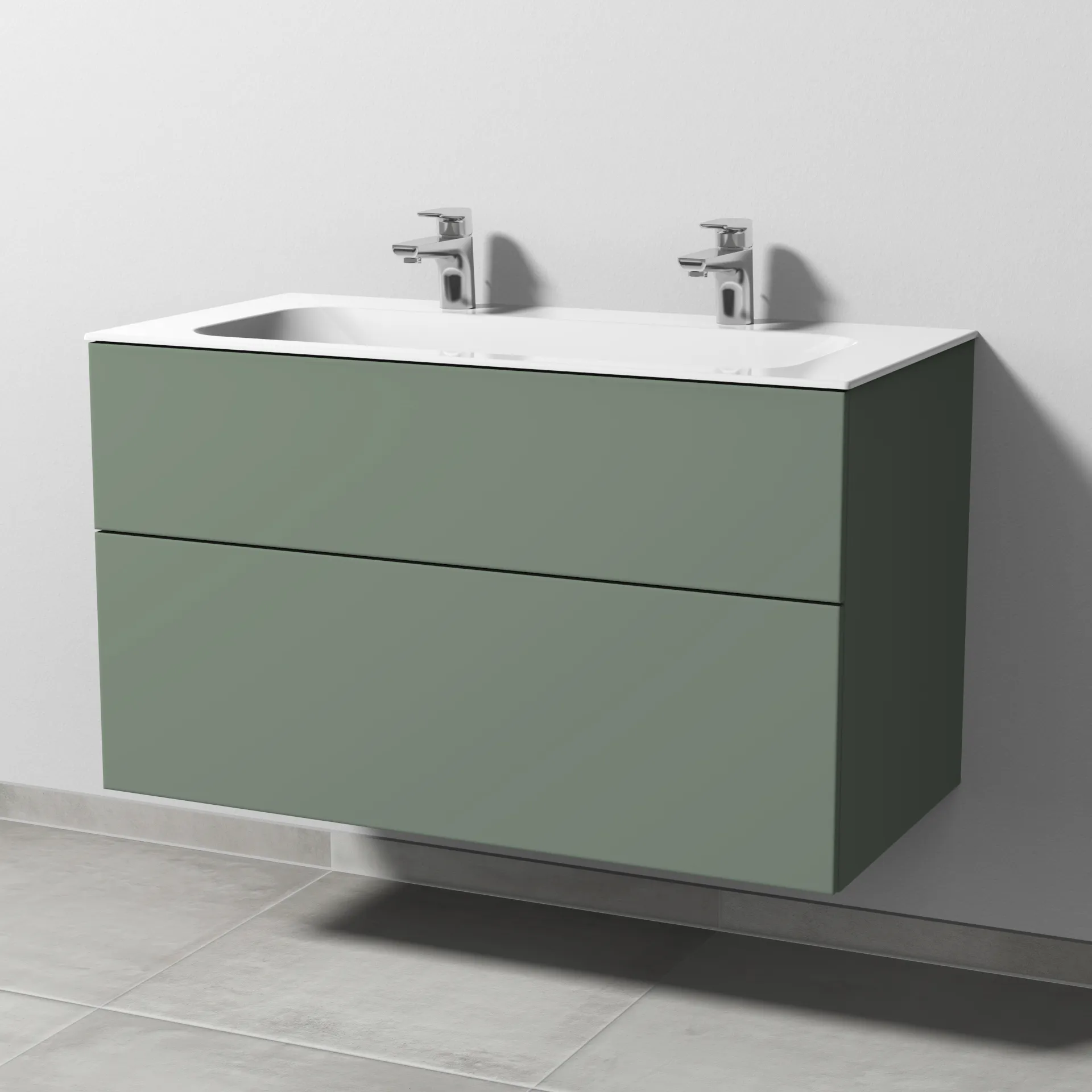 Keramik-Waschtisch-Set mit Waschtischunterschrank „3way“ 99 × 49,7 × 58,2 cm in Soft-Green, mit Hahnlochbohrung, Becken mittig