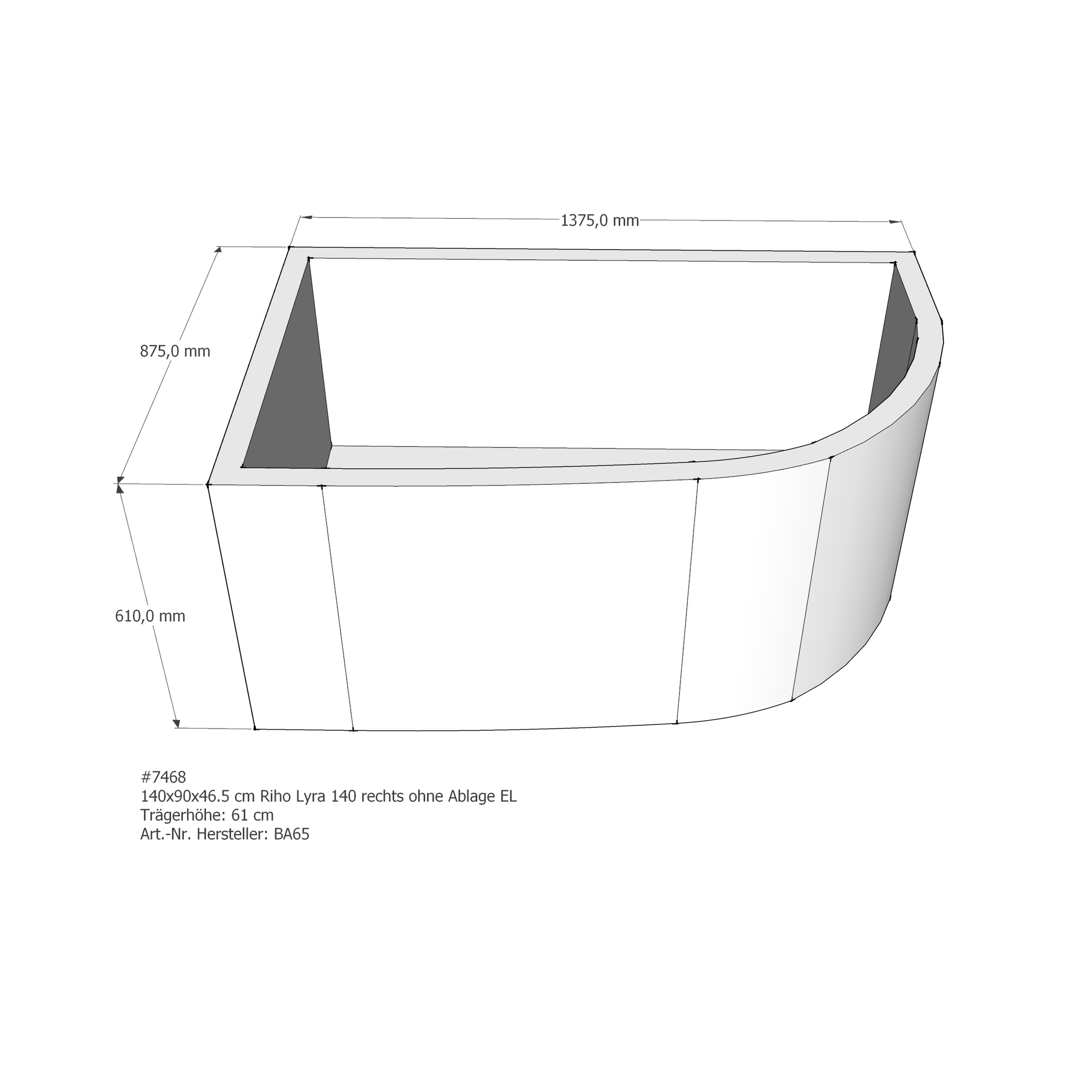 Badewannenträger für Riho Lyra 140 rechts rechts 140 × 90 × 46,5 cm Badewannenträger für Riho Lyra 140 rechts rechts 140 × 90 × 46,5 cm