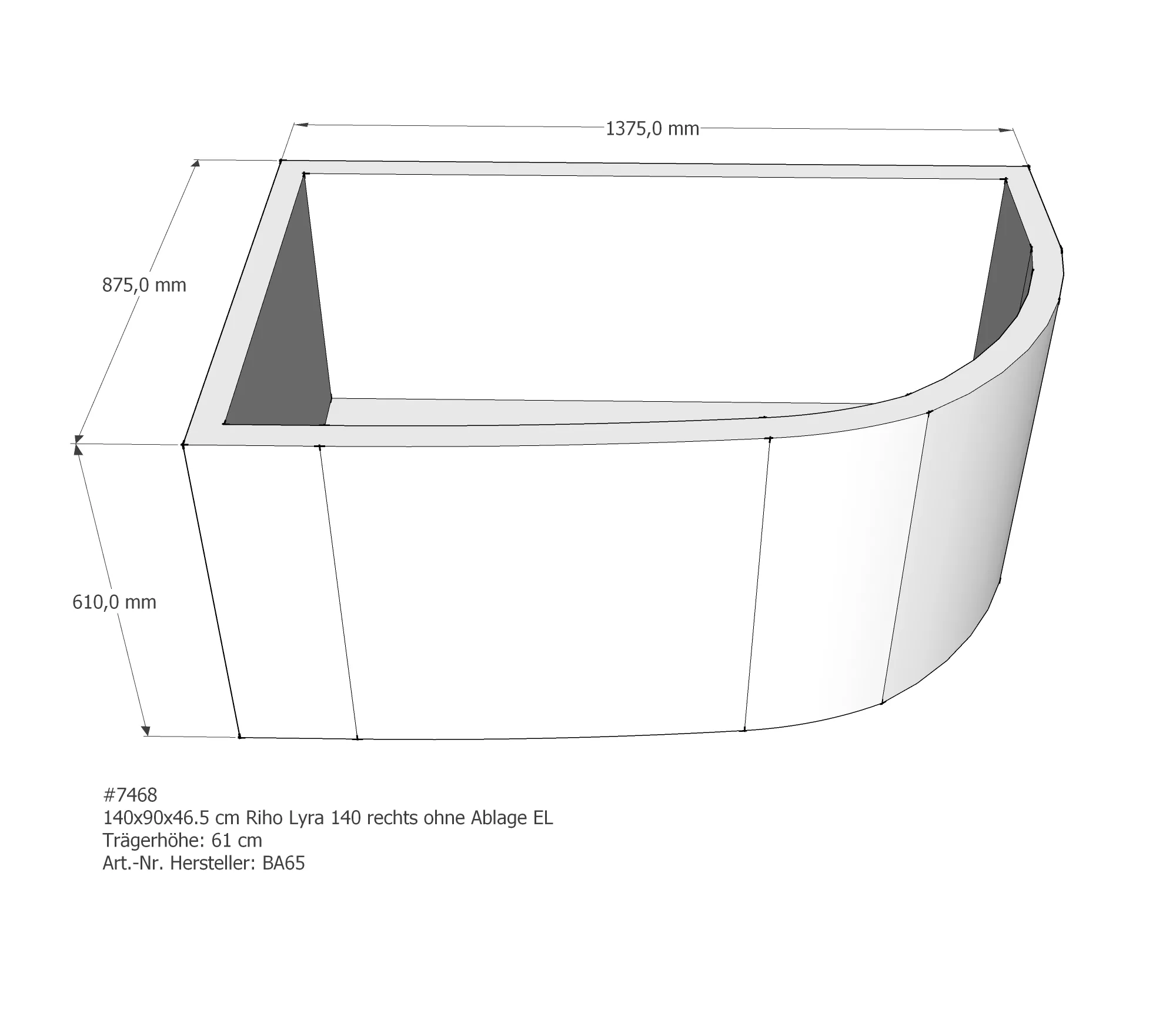 Badewannenträger für Riho Lyra 140 rechts rechts 140 × 90 × 46,5 cm Badewannenträger für Riho Lyra 140 rechts rechts 140 × 90 × 46,5 cm
