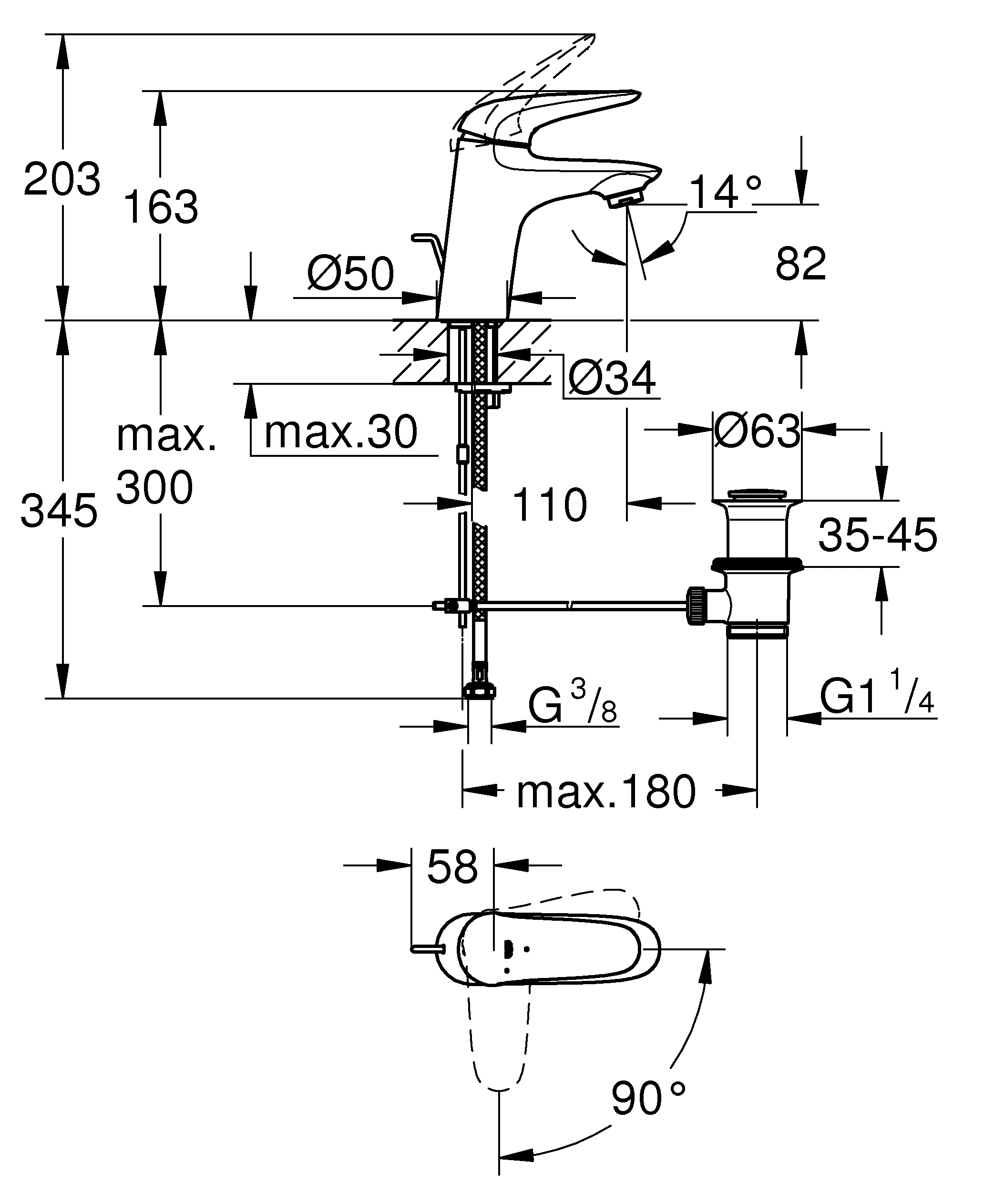 Einhand-Waschtischbatterie Eurostyle 23709_3, S-Size, Einlochmontage, geschlossener Metall-Hebelgriff, Energie-Spar-Funktion Mittelstellung kalt, Zugstangen-Ablaufgarnitur 1 1/4'', chrom