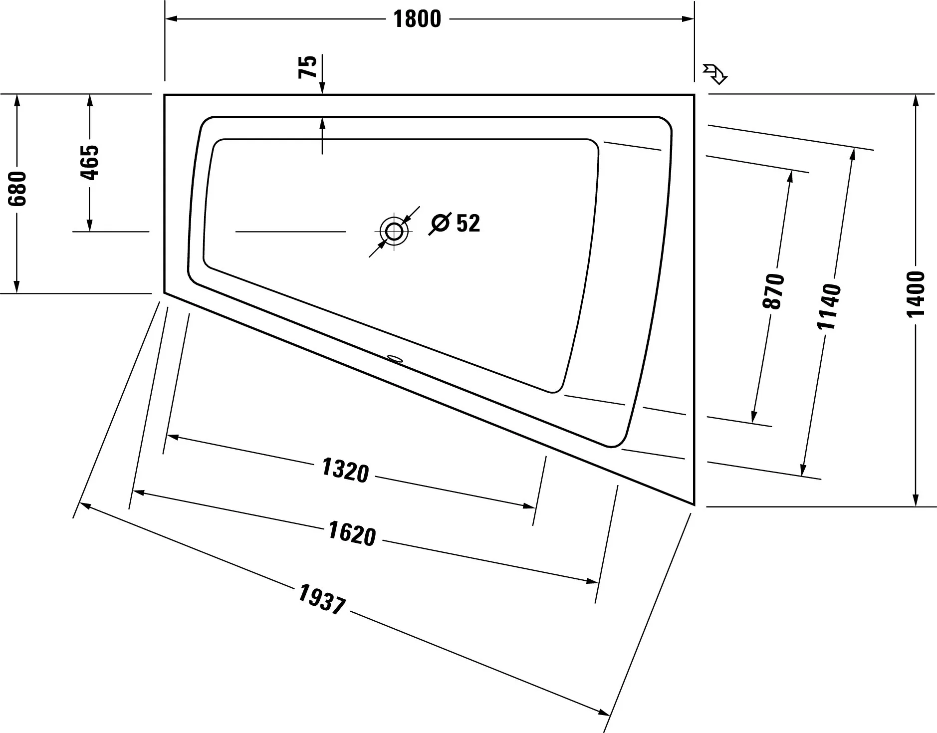 Duravit Badewanne „Paiova“ sonderform 180 × 140 cm, rechts