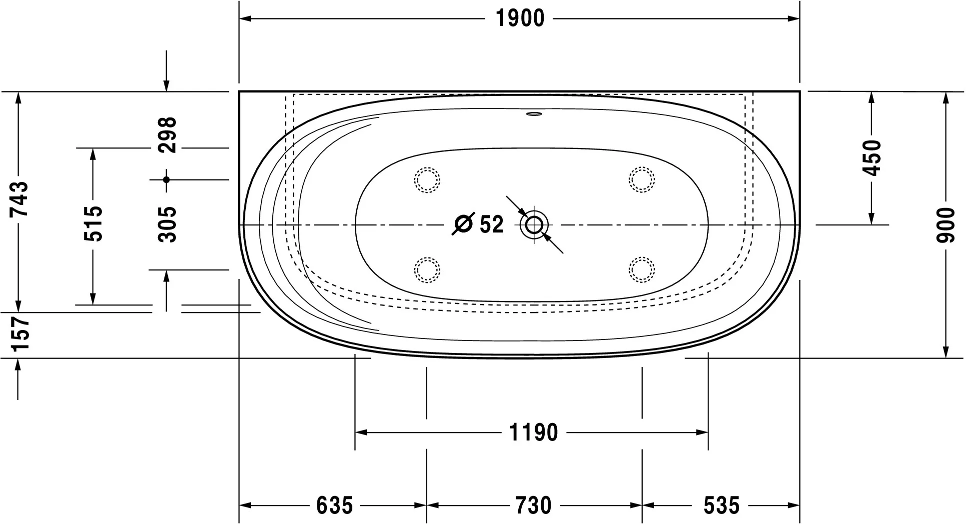 Duravit Badewanne „Cape Cod“ vorwand oval 190 × 90 cm, mittig