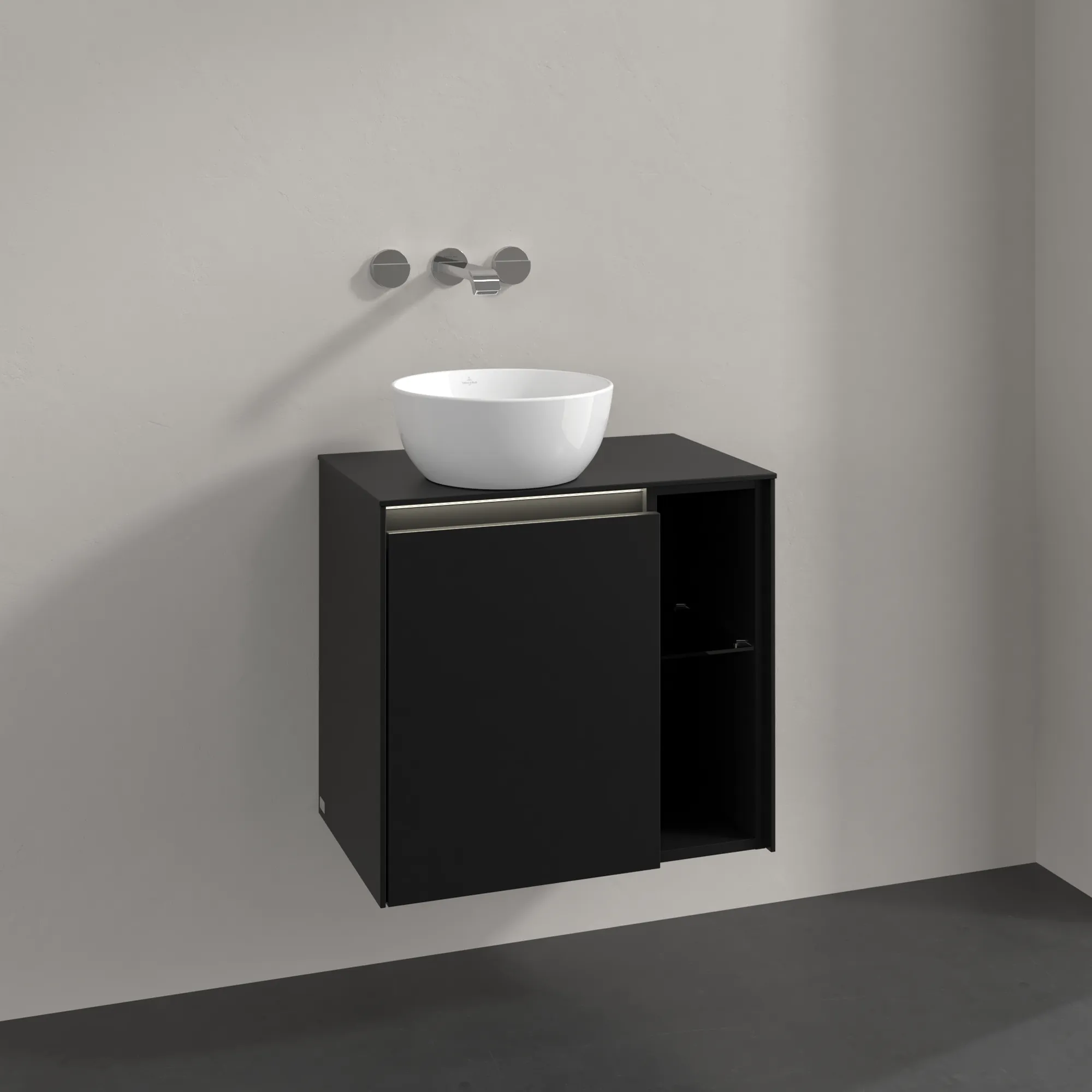 Villeroy & Boch Waschtischunterschrank „Collaro“ 600 × 548 × 380 mm Volcano Black, für Becken links, Anschlag links, mit Beleuchtung Villeroy & Boch Waschtischunterschrank „Collaro“ 600 × 548 × 380 mm Volcano Black, für Becken links, Anschlag links, mit Beleuchtung