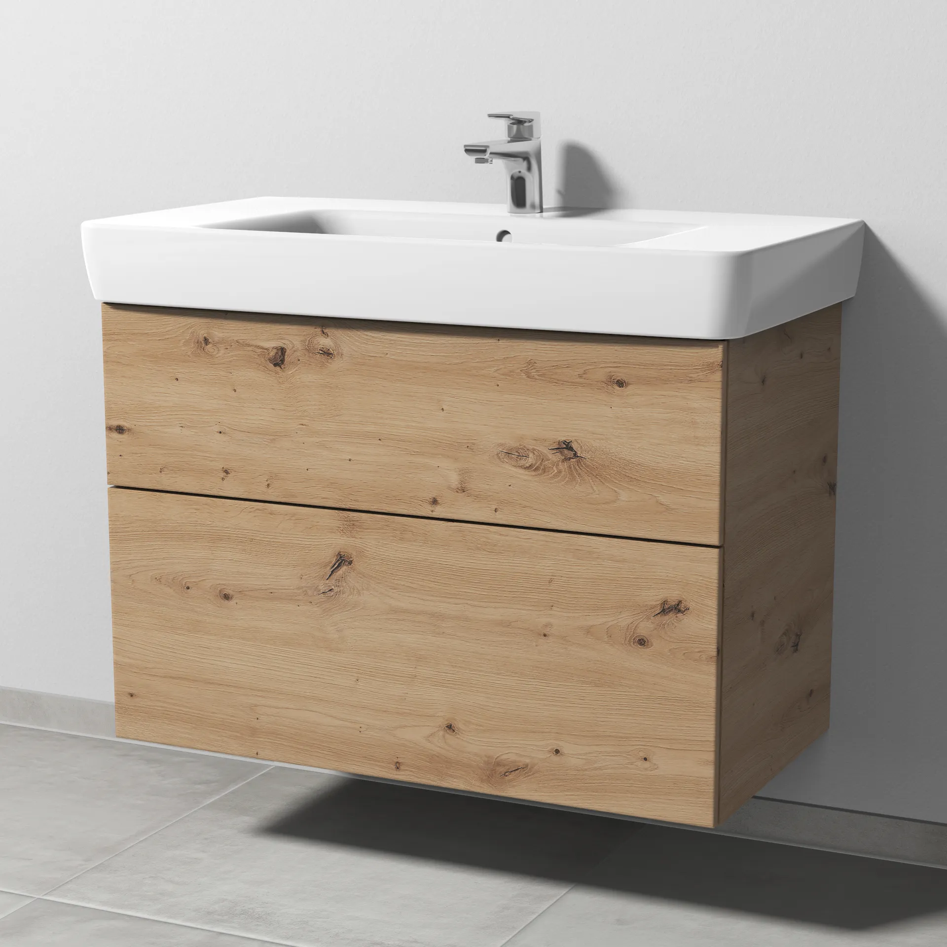 Sanipa Waschtischunterschrank „3way“ passend zu Keramik-Waschtische Renova Plan von Geberit 840 × 588 × 407 mm in Eiche Natural-Touch, Becken mittig