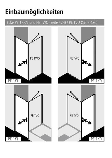 Kermi Duschtür Pendeltür 1-flügelig links für Ecke „PEGA“ Glas SR Opaco, BV: 805 - 830 mm GAK: 790 - 815 mm WE: 815 - 840 mm H: 1850 mm