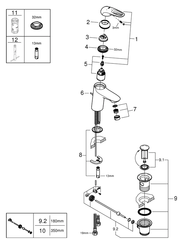 Einhand-Waschtischbatterie Eurostyle 23374_3, S-Size, Einlochmontage, offener Metall-Hebelgriff, Energie-Spar-Funktion Mittelstellung kalt, Zugstangen-Ablaufgarnitur 1 1/4″, moon white/chrom