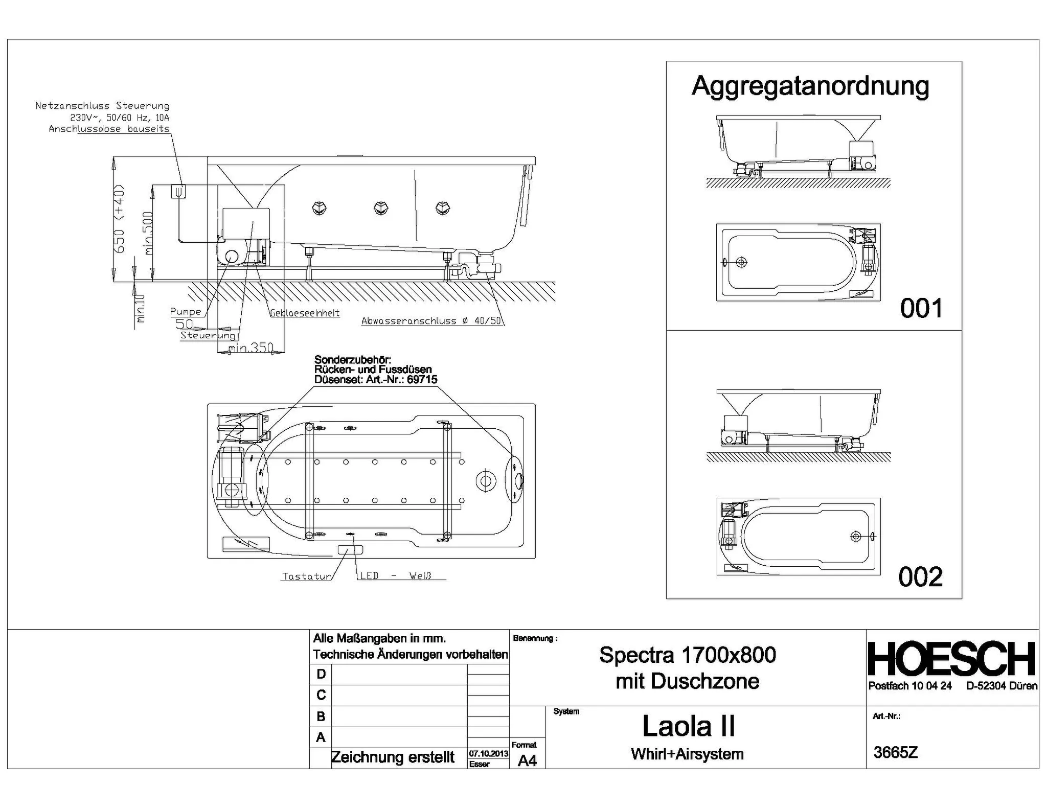 Hoesch Whirlwanne „Spectra“ mit Whirlsystem „Laola II“ rechteck 170 × 80 cm, rechteckig