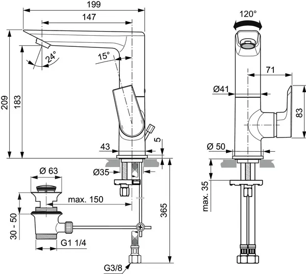 Waschtischarmatur Tesi, 5 l/min., mit Ablaufgarnitur, mit hohem schwenkbarem Auslauf, Ausladung 147mm, Chrom Waschtischarmatur Tesi, 5 l/min., mit Ablaufgarnitur, mit hohem schwenkbarem Auslauf, Ausladung 147mm, Chrom