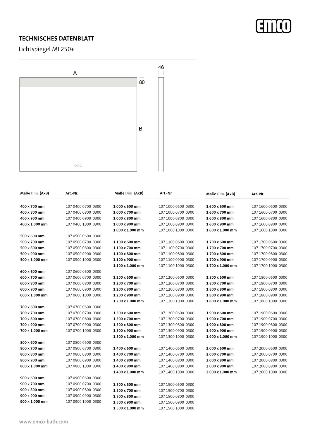 emco Lichtspiegel mit Touch-Bedienfeld „MI 250+“ 40 × 70 cm