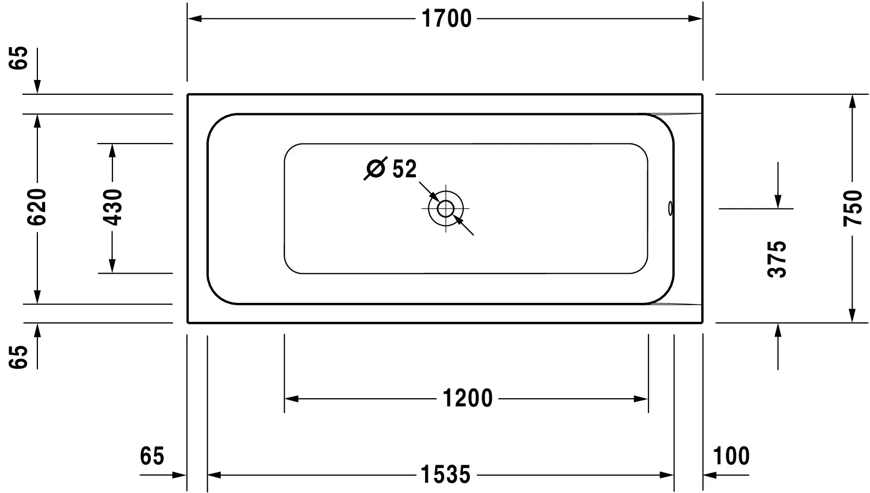 Duravit Whirlwanne „D-Code“ rechteck 170 × 75 cm, Mittelablauf