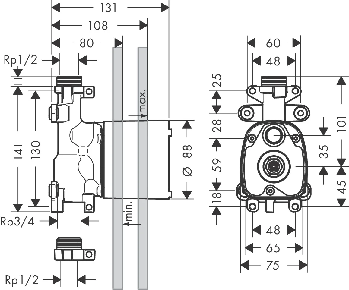 Hansgrohe AXOR ShowerSolutions Handbrausenmodul Unterputz, DN15, 30 l/min Durchfluss, Keramikventil 180°, horizontale/vertikale Montage, schallentkoppelt Hansgrohe AXOR ShowerSolutions Handbrausenmodul Unterputz, DN15, 30 l/min Durchfluss, Keramikventil 180°, horizontale/vertikale Montage, schallentkoppelt