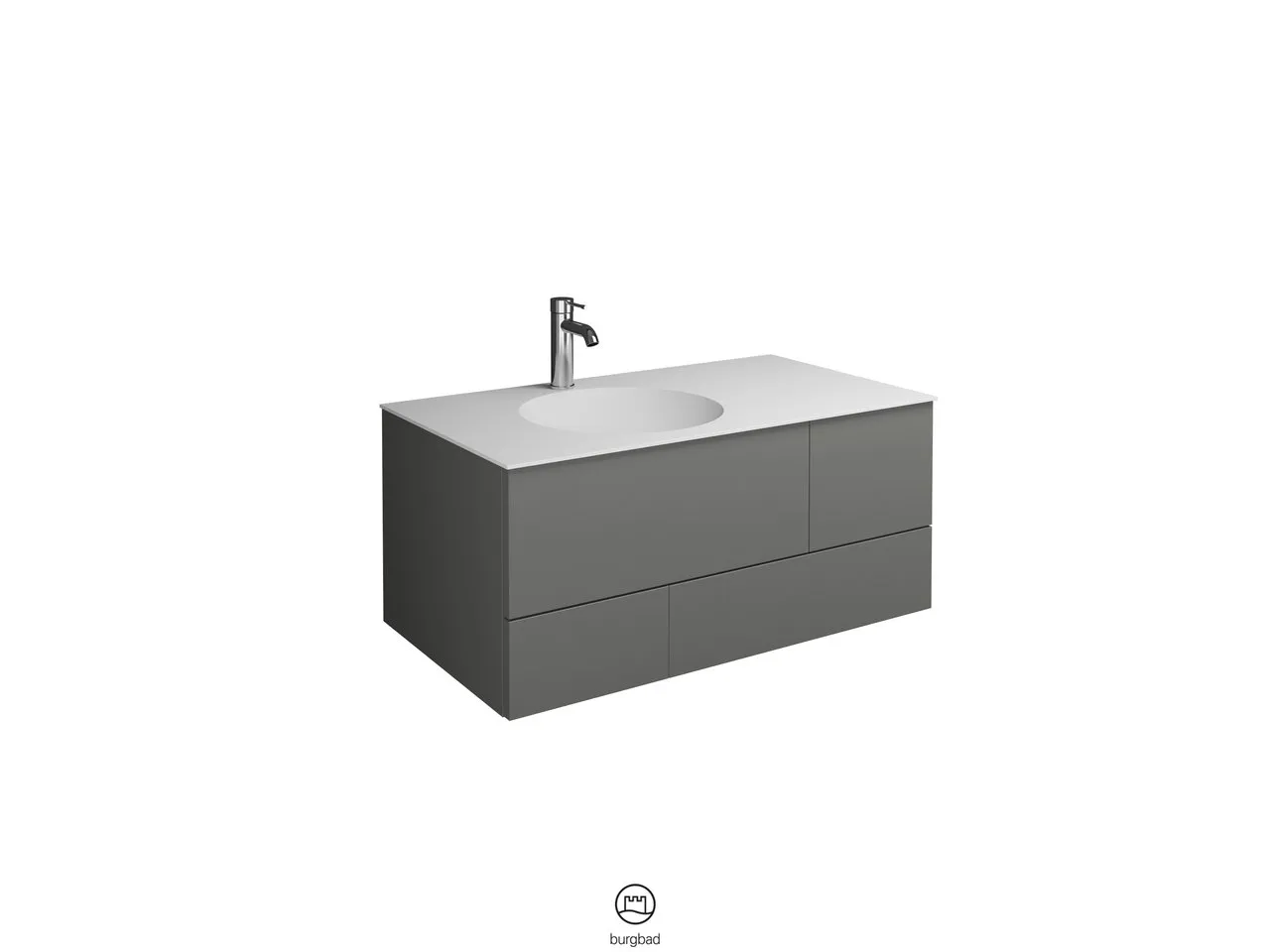 Coco Mineralguss-Waschtisch inkl. Waschtischunterschrank, 90 x 370 mm Muldentiefe, 1 Schublade oben mit Siphonausschnitt, 1 Schublade unten, 1 Metallbox, inkl. burgbad cleanFlow, H: 406 mm, B: 906 mm, T: 505 mm
