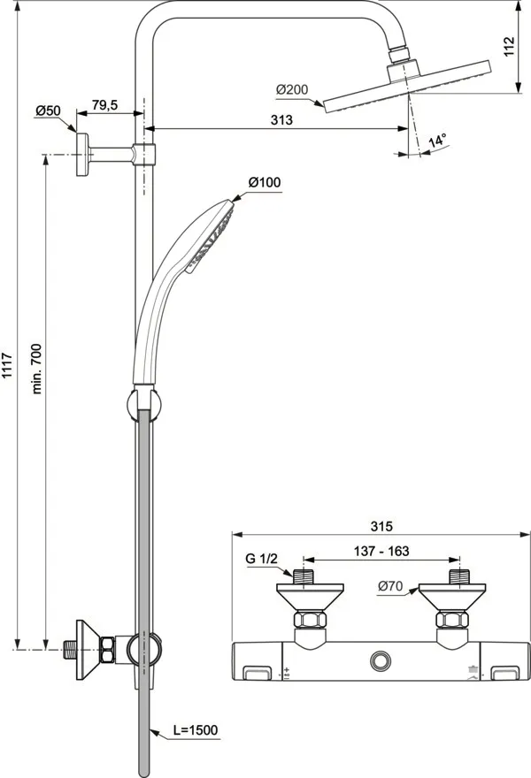 Ideal Standard Ceratherm T25 Duschsystem mit Brausethermostat Chrom Ideal Standard Ceratherm T25 Duschsystem mit Brausethermostat Chrom