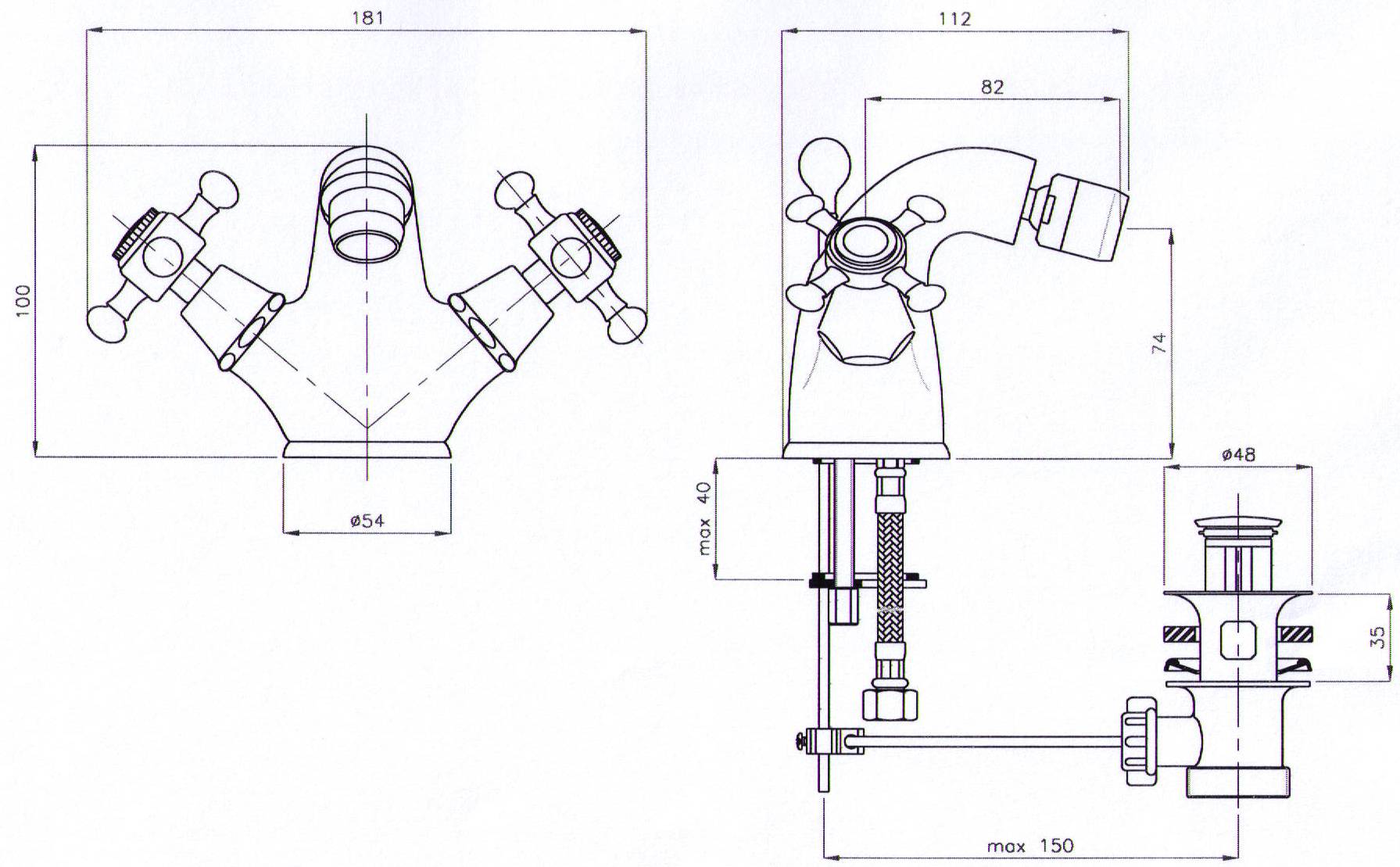 Bidet-Einlochbatterie AqvaRetro I - 1" 1/4 Zugstangen-Ablaufgarnitur - keramische Innenoberteile 90° - flexible Druckschläuche 3/8", DVGW W270 - chrom Bidet-Einlochbatterie AqvaRetro I - 1" 1/4 Zugstangen-Ablaufgarnitur - keramische Innenoberteile 90° - flexible Druckschläuche 3/8", DVGW W270 - chrom