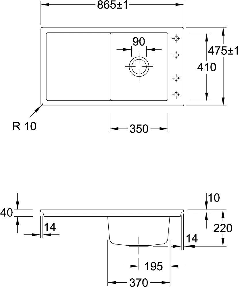 Villeroy & Boch flächenbündiges Küchenspülbecken „Timeline“ 50 flat 865 × 475 × 220 mm in Ivory