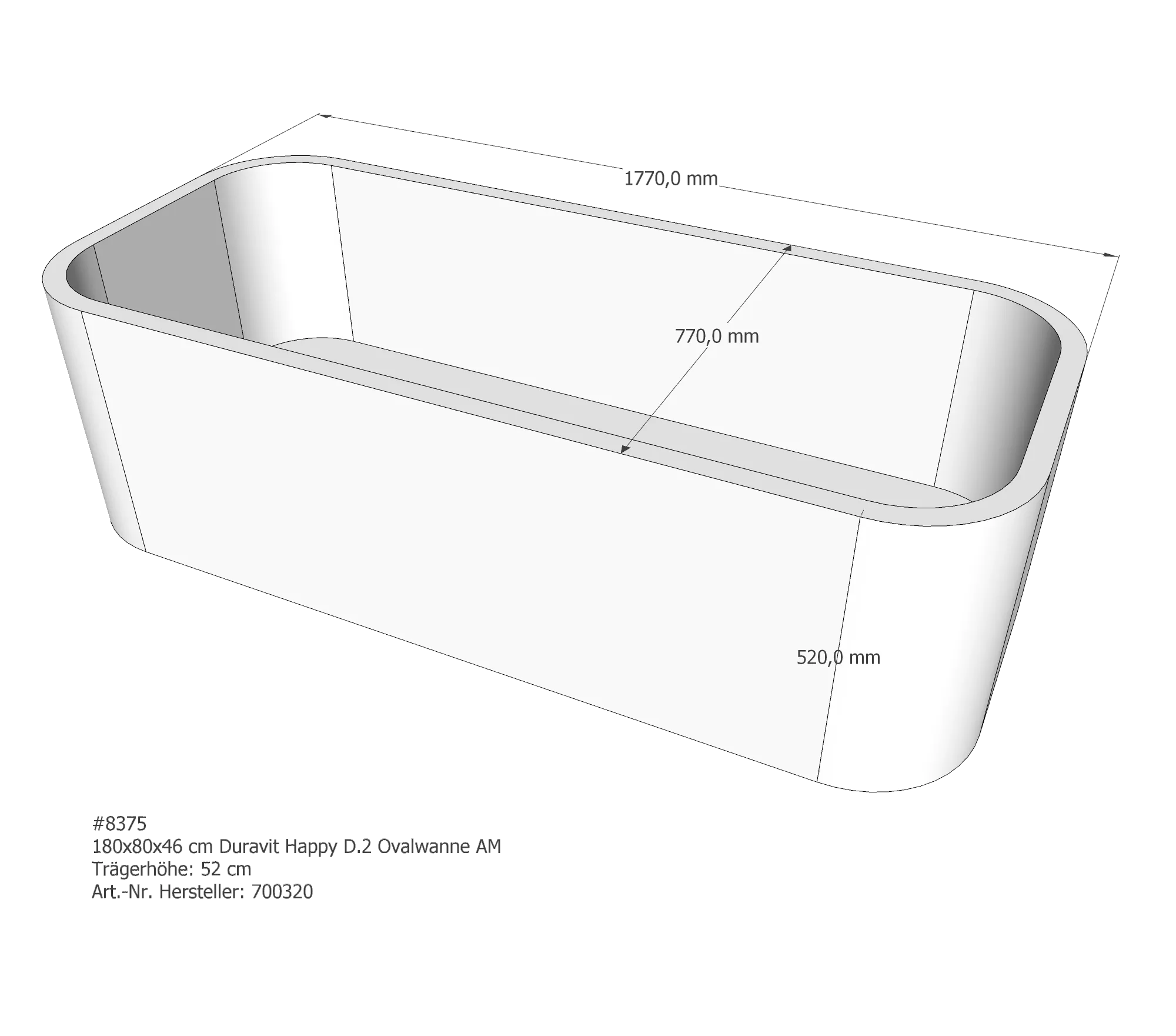 Badewannenträger für Duravit Happy D.2 Oval 180 × 80 × 46 cm