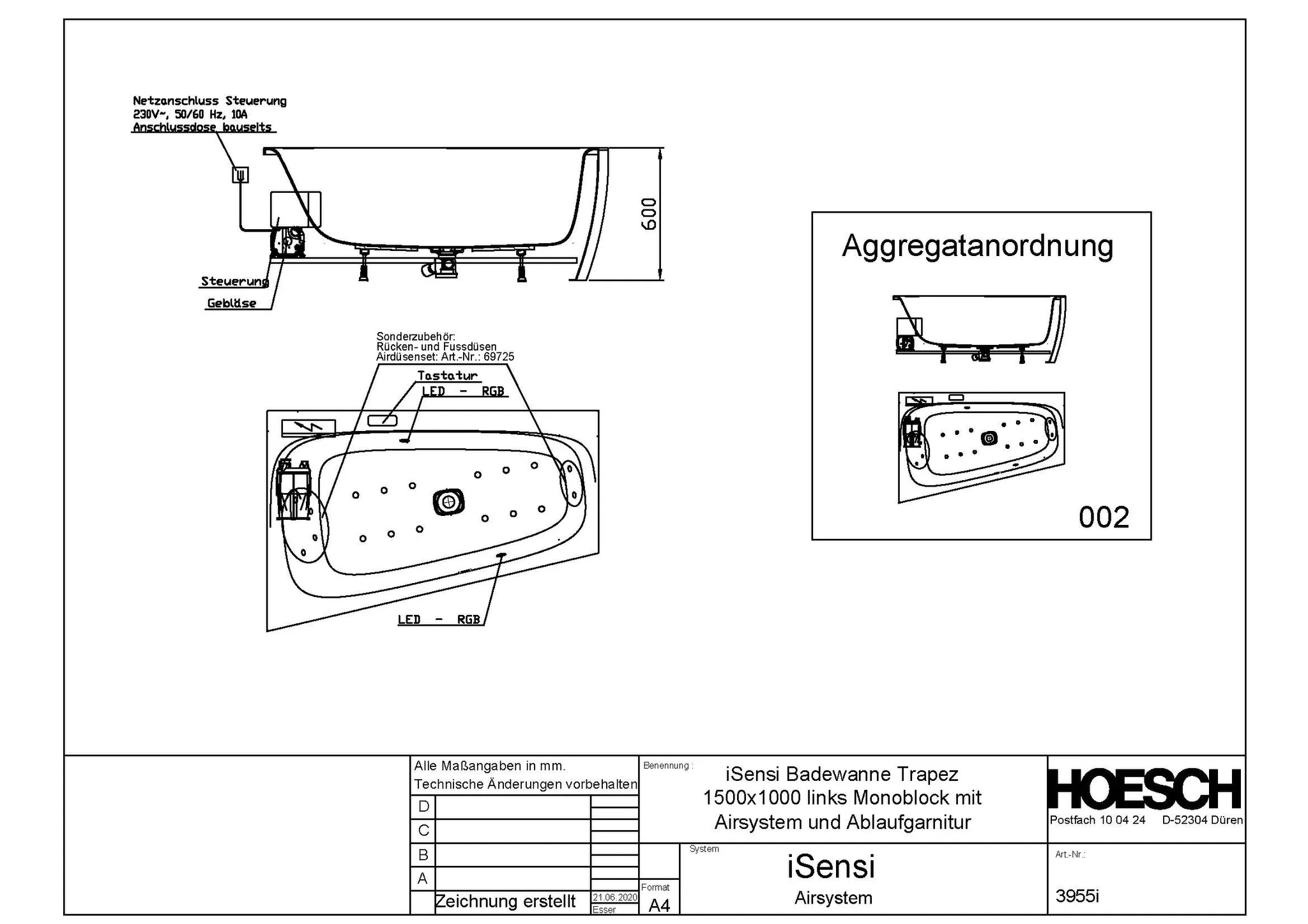 Hoesch Whirlwanne „iSensi“ Monolith mit Airsystem „iSensi“ trapez 150 × 100 cm, links in Weiß