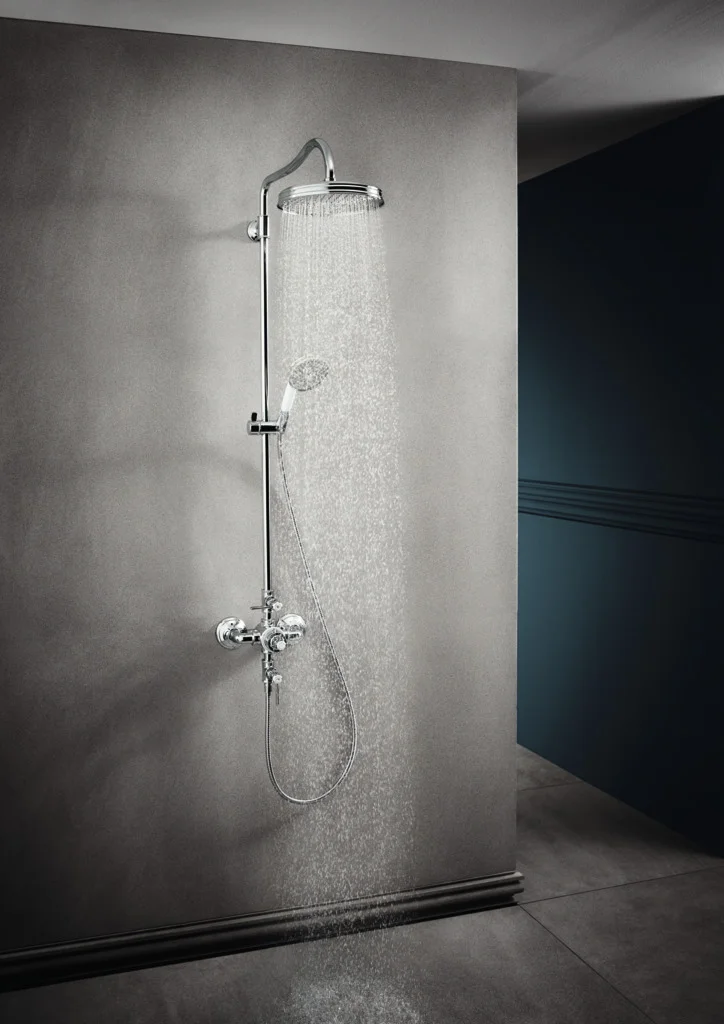 Hansgrohe AXOR Montreux Showerpipe mit Thermostat und Hebelgriff, Chrom, Brausekopfgröße 240 mm, Brausearmlänge 450 mm