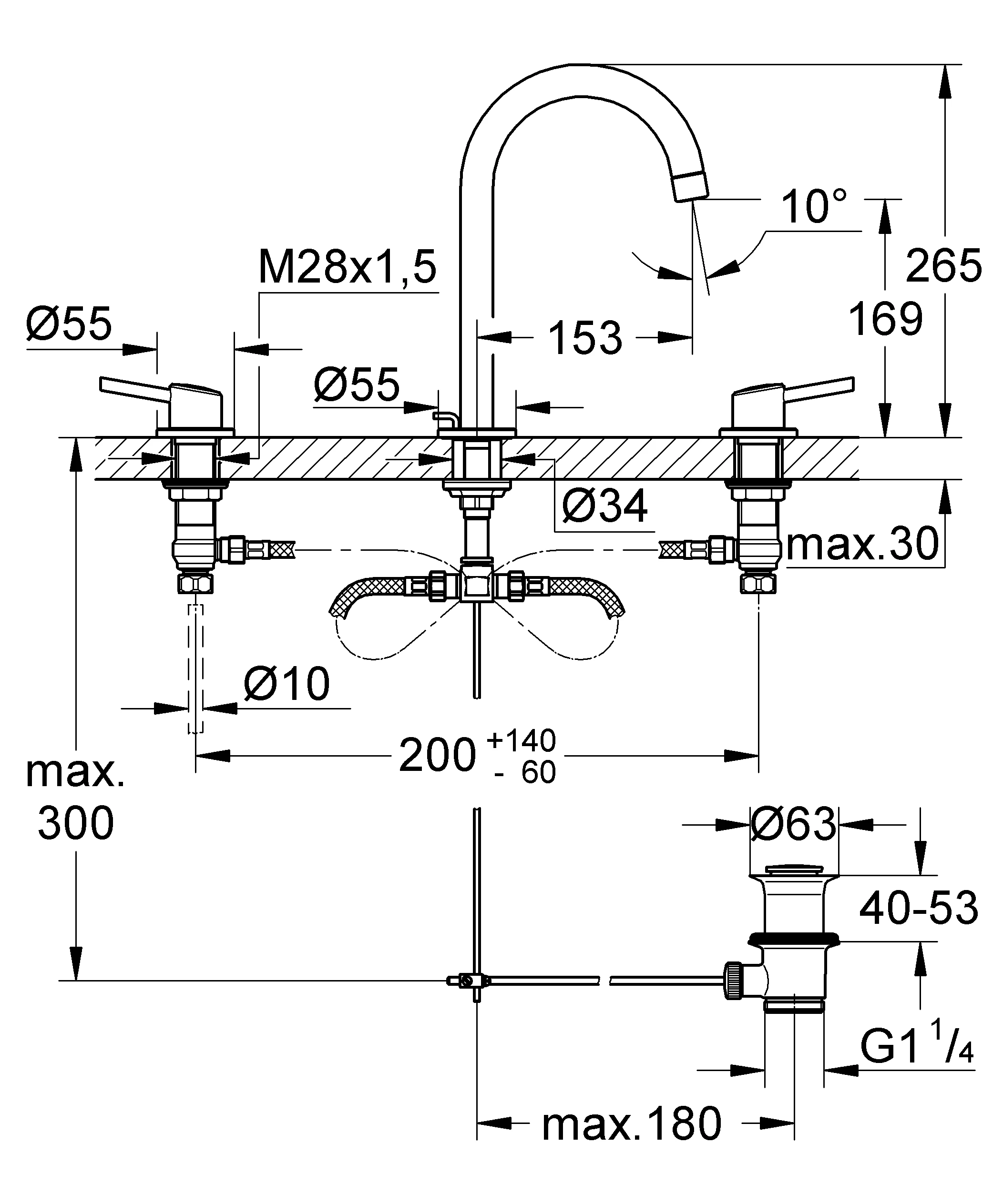 3-Loch-Waschtischbatterie Concetto 20216_1, L-Size, Zugstangen-Ablaufgarnitur 1 1/4'', chrom