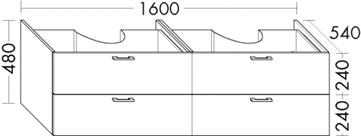 Burgbad Waschtischunterschrank Sys30, 1600 mm breit, 480 mm hoch, 540 mm tief, 2 Schubladen oben, 2 Auszüge unten, inkl. Raumsparsiphon