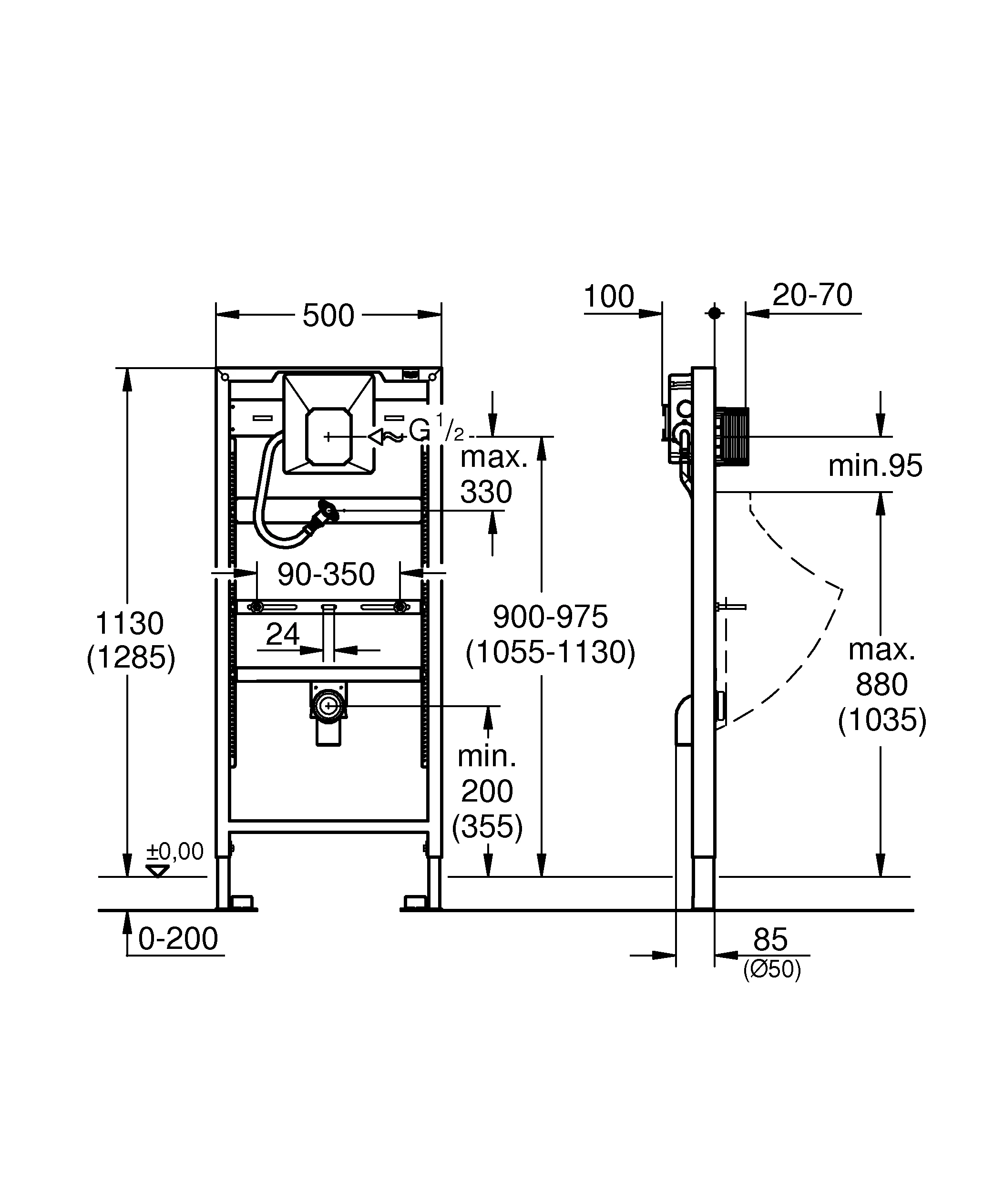 Urinal-Element Rapid SL 38786_1, 1,13 m und 1,30 m Bauhöhe, für Vorwand- oder Ständerwandmontage, mit Unterputz-Urinaldruckspüler Rapido U, für manuelle Betätigung oder Tectron Infrarot Elektronik 6 V / 230 V,