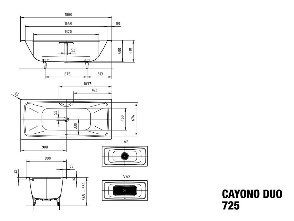 Kaldewei Badewanne „Cayono Duo“ 180 × 80 cm, ohne Grifflochbohrungen mit Wannenträger als Set