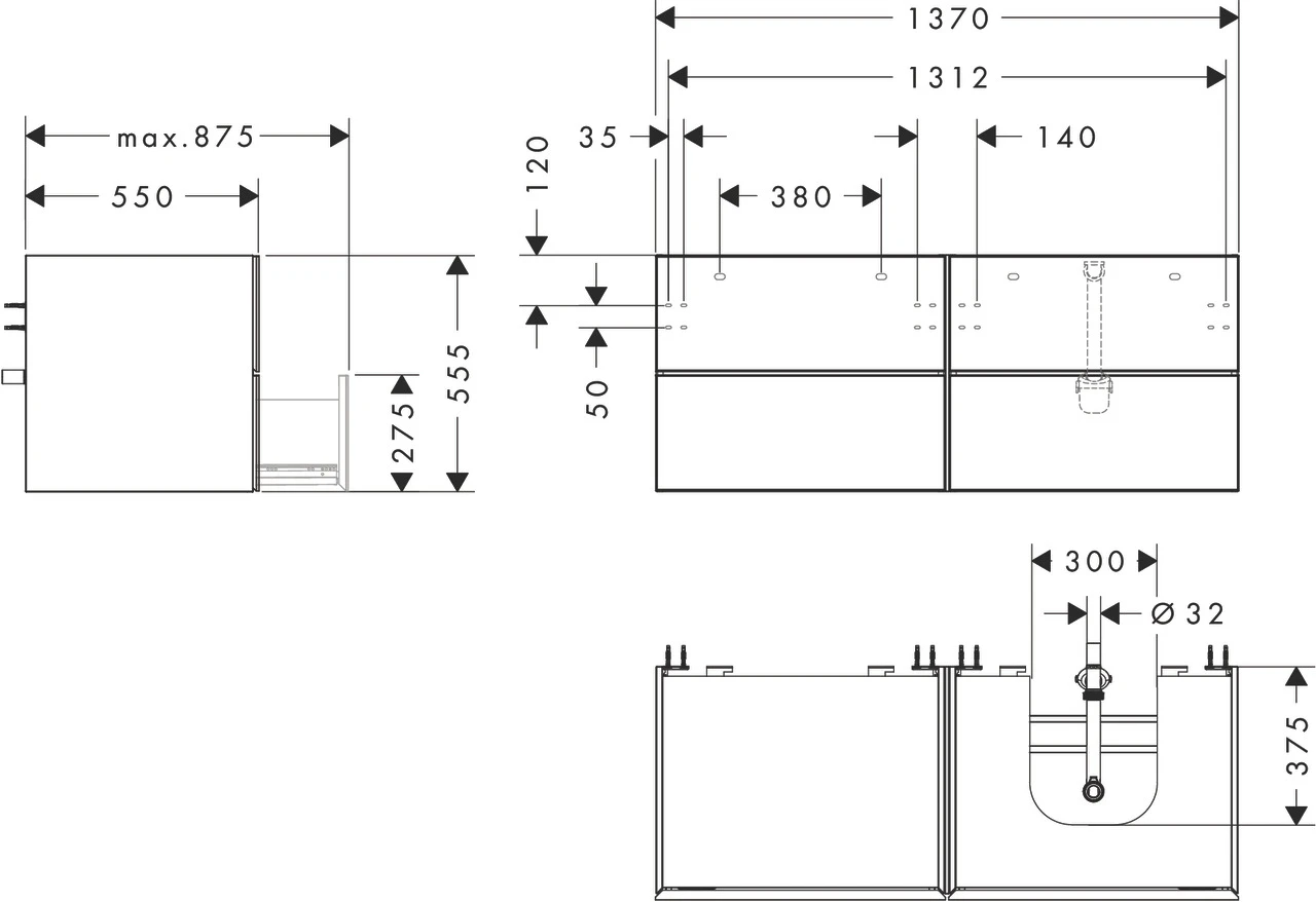 Xevolos E Waschtischunterschrank Mattweiß 1370/550 mit 4 Schubkästen für Konsolen mit Aufsatzwaschtisch geschliffen rechts Weiß Metallic