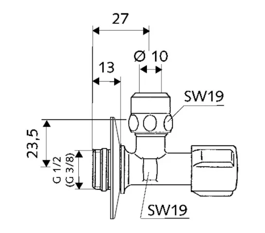 Eckventil mit Regulierfunktion COMFORT, COMFORT-Griff, Rosette Ø 54 mm (Tiefe 3 mm), kiwa, DN 10 G 3/8 AG mit ASAG easy, Ø 10 mm (DN 10 G 3/8 AG), chrom