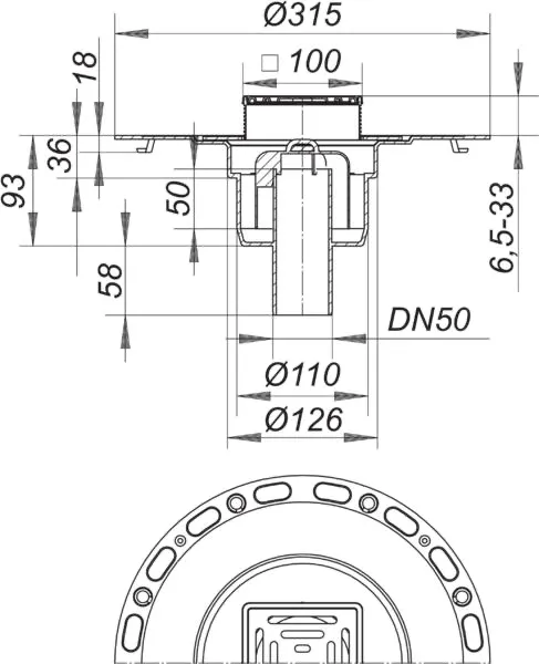 Bodenablauf TistoPlan senkrecht VC 10, DN 50, 100 x 100 mm