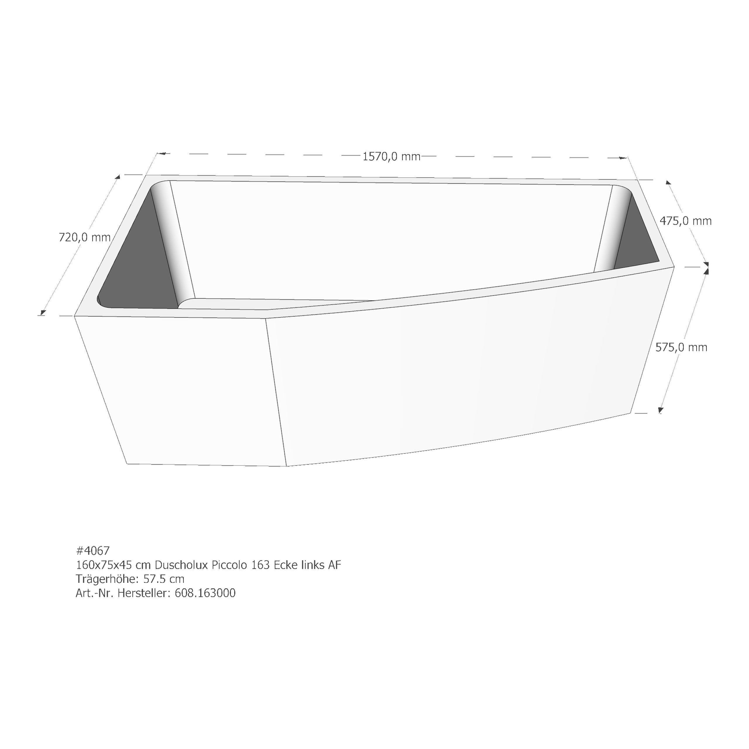 Wannenträger Duscholux Piccolo 163 160x75x45 cm EL AF