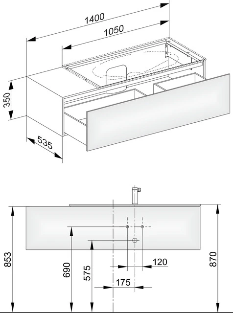 Edition 11 Waschtischunterbau mit Auszug u. Beleuchtung 1400 x 350 x 535 mm weiß Hochglanz/weiß Hochglanz WTU Edition 11 31164,1 Auszug, Bel., weiß Hochglanz/weiß Hochglanz