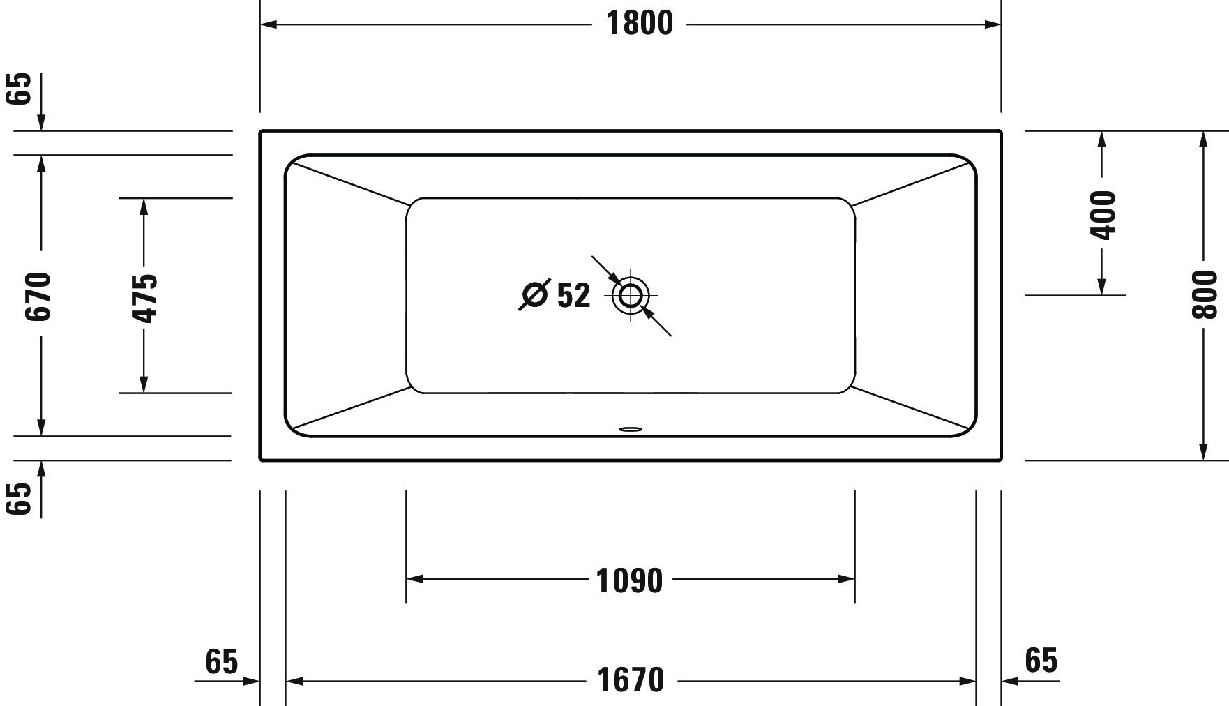 Duravit Badewanne „No.1“ rechteck 180 × 80 cm, Mittelablauf 