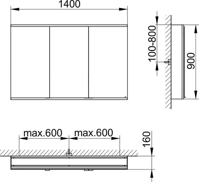 Royal Modular 2.0 800321141100000 Spiegelschrank DALI Wandvorbau, ohne Steckdose 1400 x 900 x 160 mm silber-eloxiert