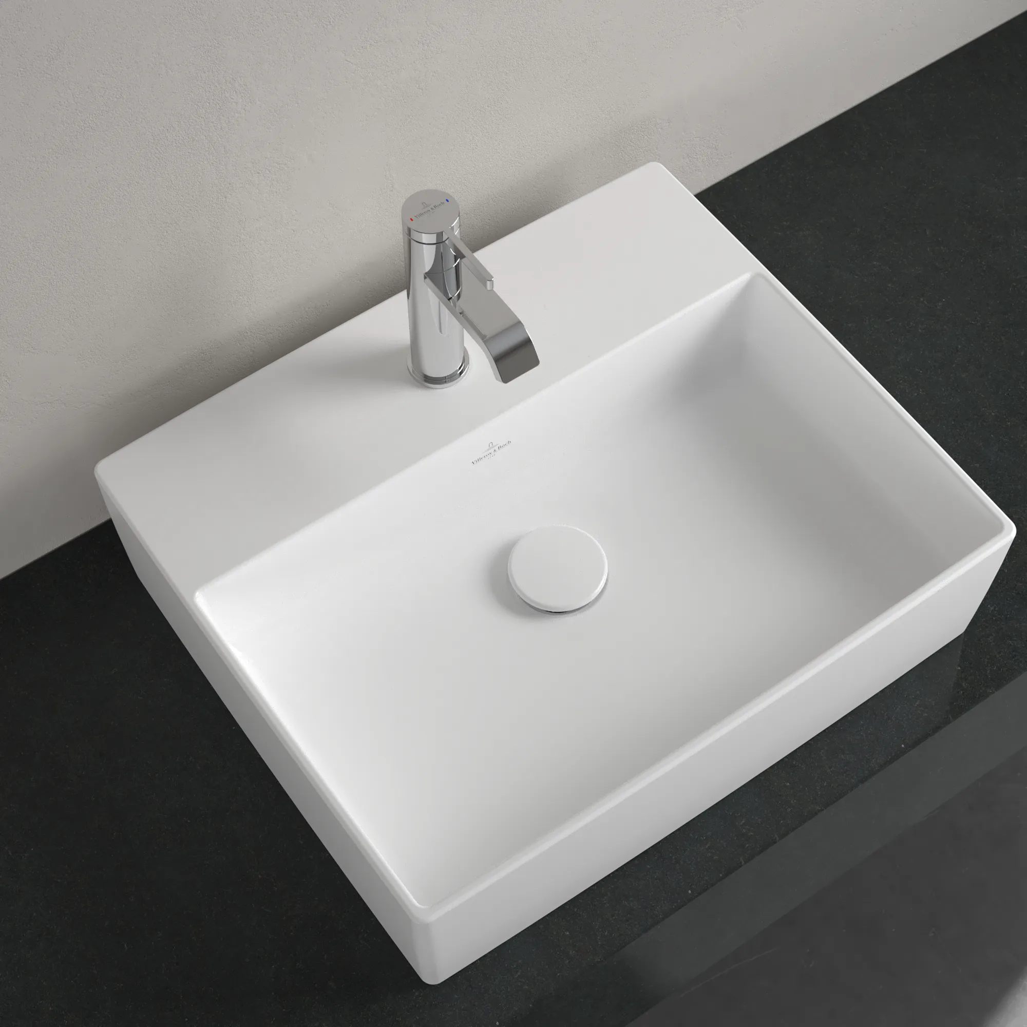 Villeroy & Boch Aufsatzwaschtisch aus TitanCeram „Memento 2.0“ 498 × 420 × 139 mm, mit Hahnlochbohrung, Hahnlochposition mittig in Stone White