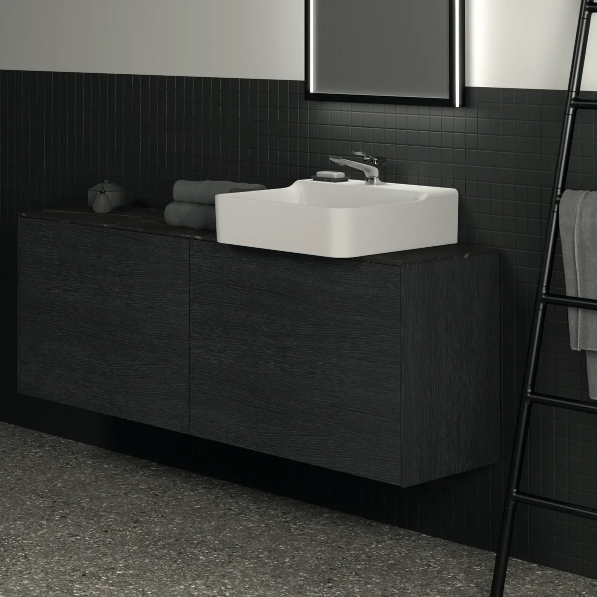 Waschtischplatte Conca, aus Keramik, 1587x373x6mm, Marmor Noir Desir