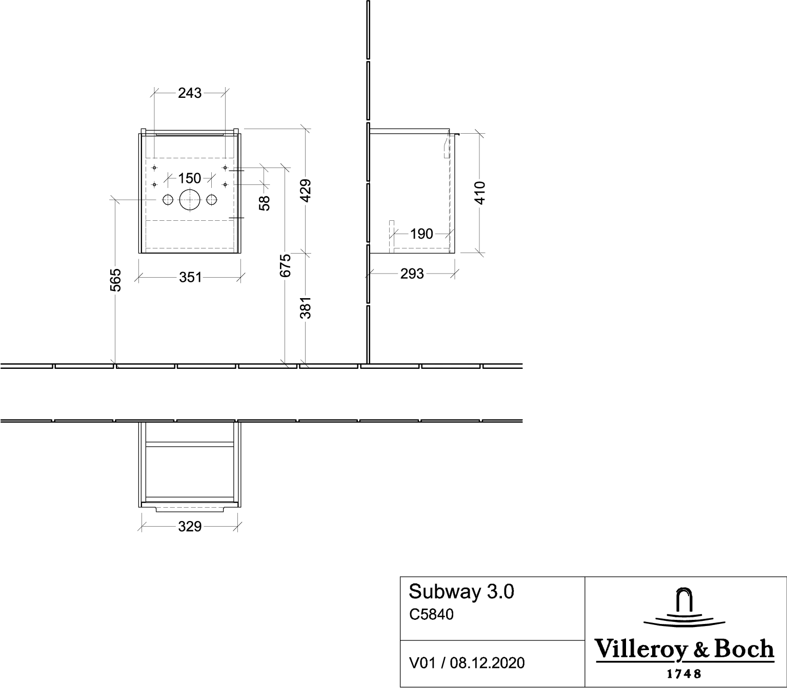 Villeroy & Boch Waschtischunterschrank mit Tür „Subway 3.0“ für Schrankwaschtisch 35,1 × 42,9 × 30,9 × 30,9 cm 1 Tür, Anschlag (Scharnier) rechts, Waschbecken mittig, 1 Tür, mittig, Anschlag rechts