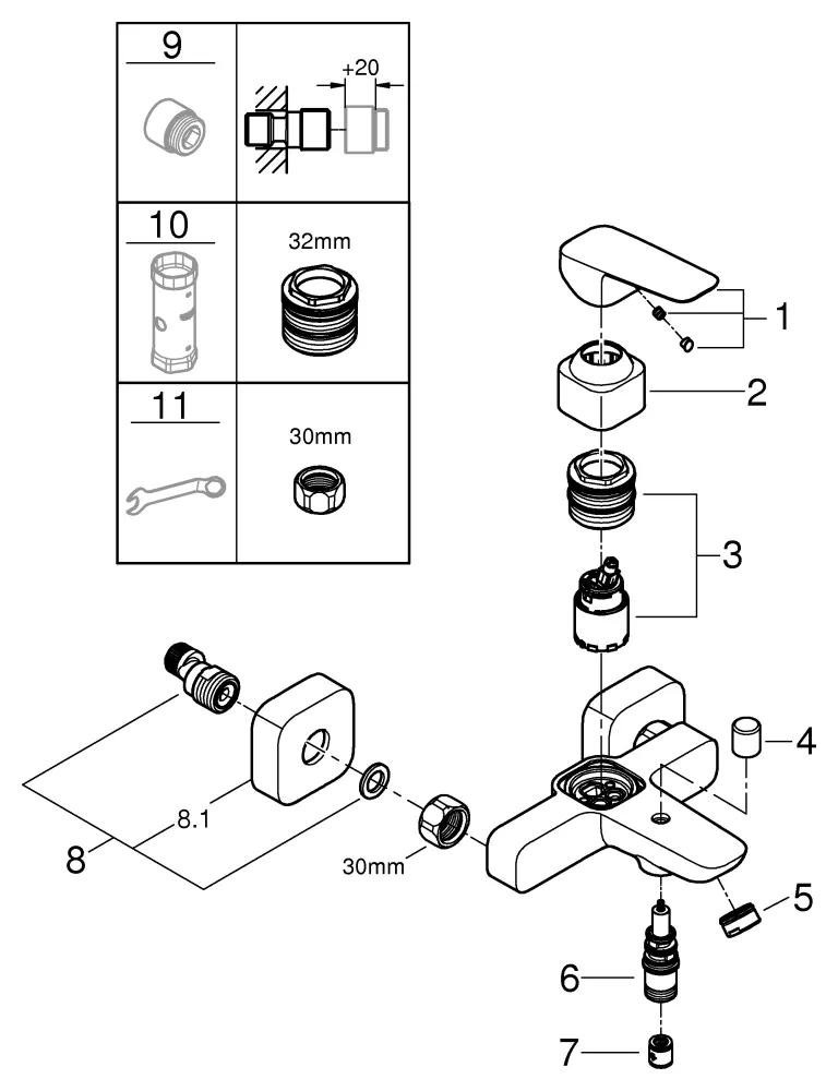 Wannenarmatur „Cubeo“ Ausladung 167 mm in chrom