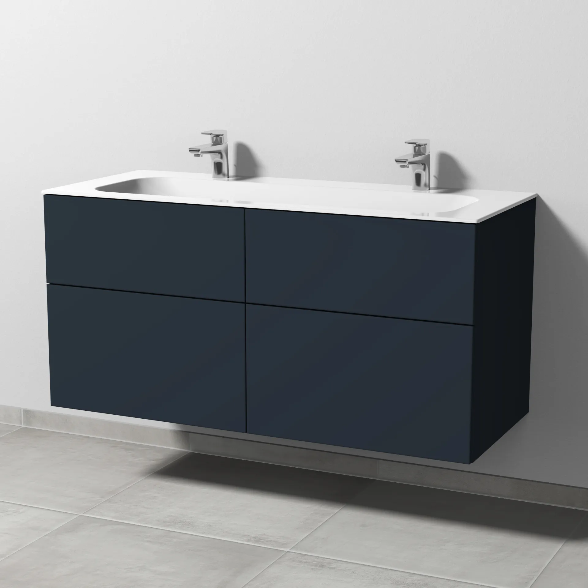 Keramik-Waschtisch-Set mit Waschtischunterschrank „3way“ 119 × 49,7 × 58,2 cm in Marine (matt), mit Hahnlochbohrung, Becken mittig Keramik-Waschtisch-Set mit Waschtischunterschrank „3way“ 119 × 49,7 × 58,2 cm in Marine (matt), mit Hahnlochbohrung, Becken mittig