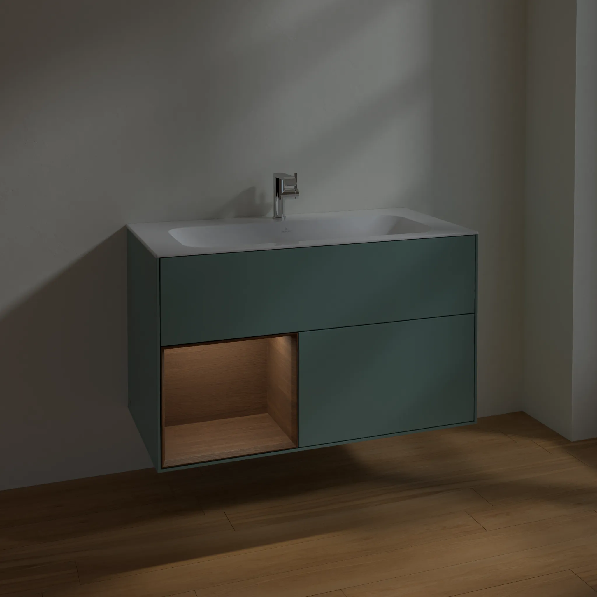 Villeroy & Boch Finion Waschbeckenunterschrank F03 996x591x498mm Olive Matt Lacquer/Walnut Veneer