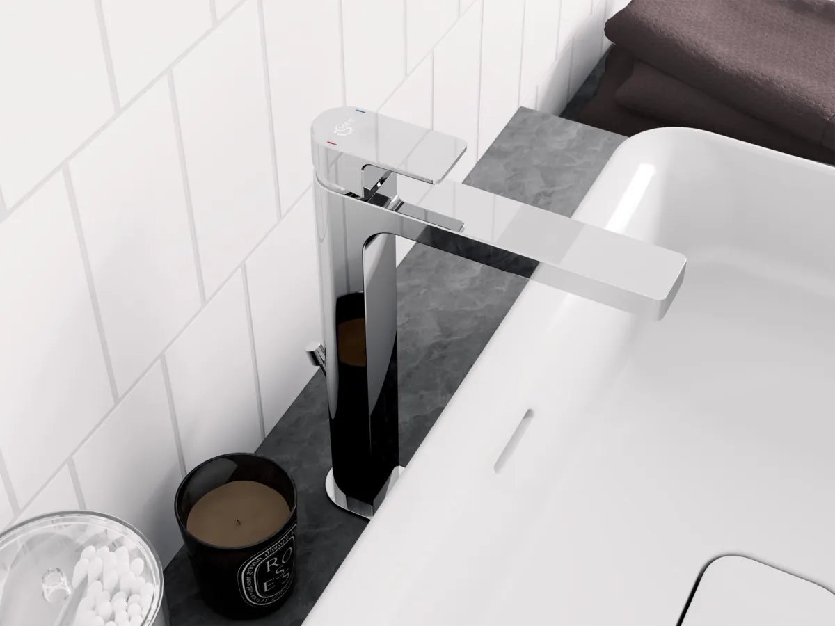 Waschtischarmatur Edge, mit verlängertem Sockel, 5 l/min., mit Ablaufgarnitur, Ausladung 165mm, Chrom Waschtischarmatur Edge, mit verlängertem Sockel, 5 l/min., mit Ablaufgarnitur, Ausladung 165mm, Chrom