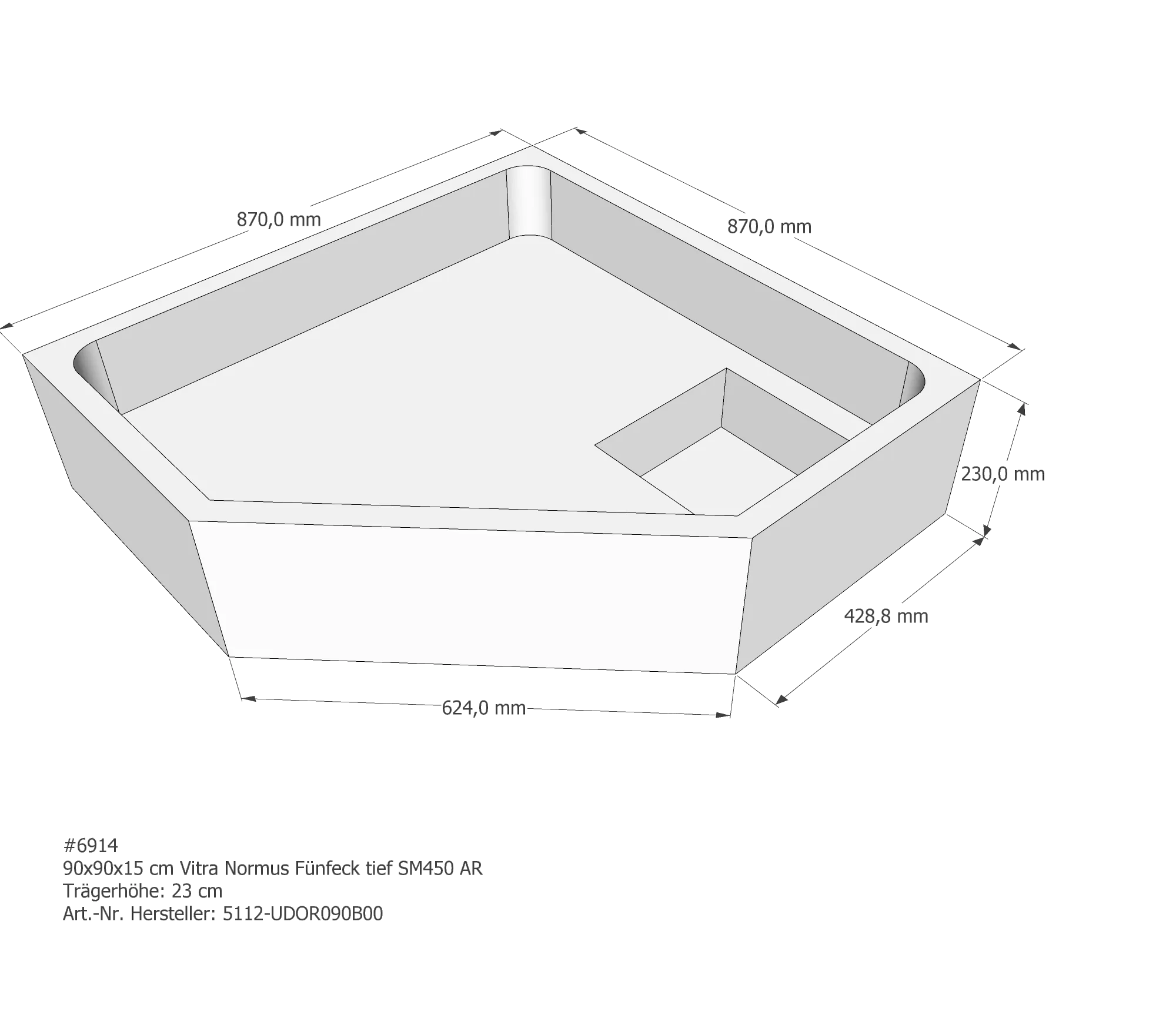 Duschwannenträger für VitrA Normus Fünfeck tief 90 × 90 × 15 cm