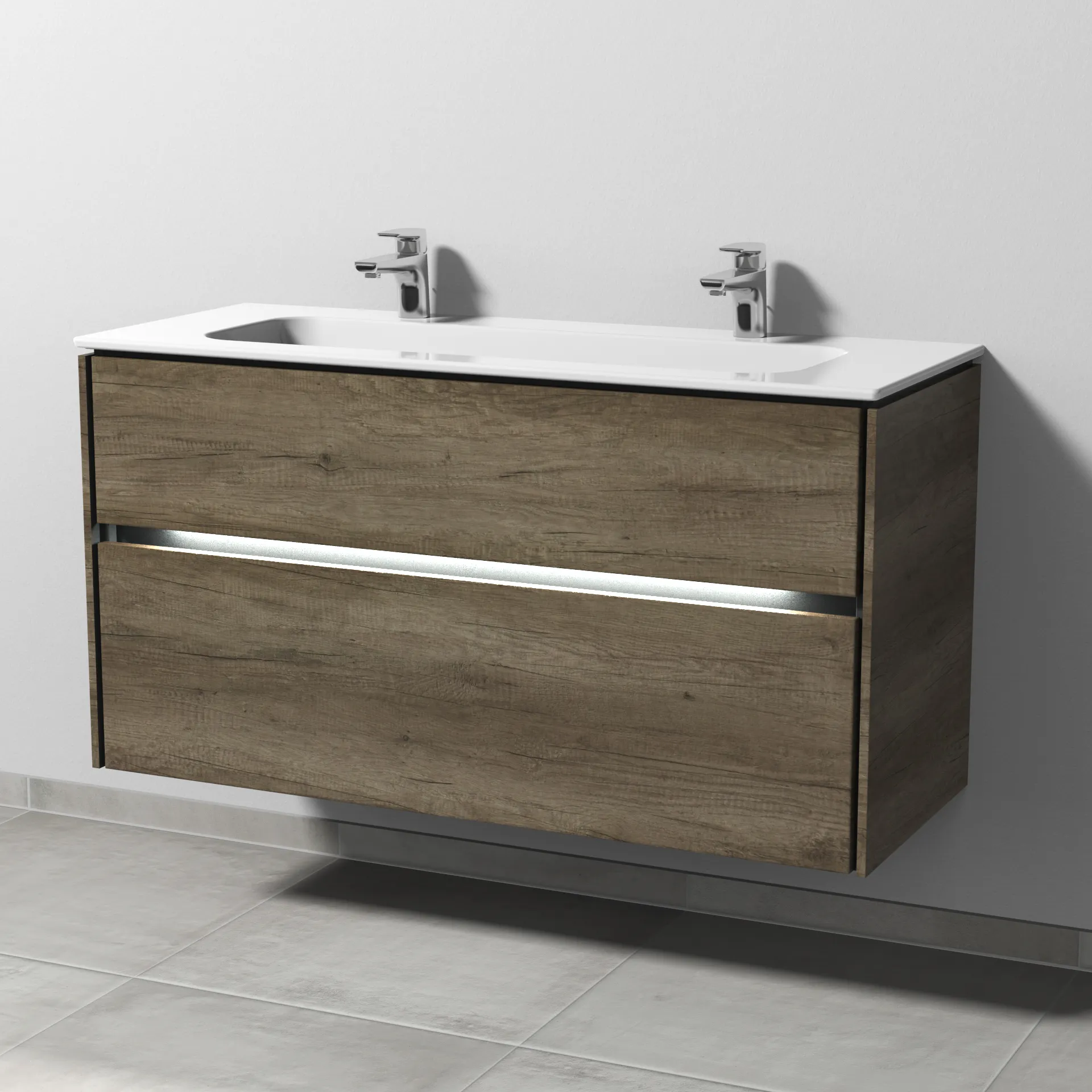 Keramik-Waschtisch-Set mit Waschtischunterschrank „Twiga“ 119 × 46 × 61 cm in Eiche Nebraska, mit Hahnlochbohrung, mit Beleuchtung Keramik-Waschtisch-Set mit Waschtischunterschrank „Twiga“ 119 × 46 × 61 cm in Eiche Nebraska, mit Hahnlochbohrung, mit Beleuchtung