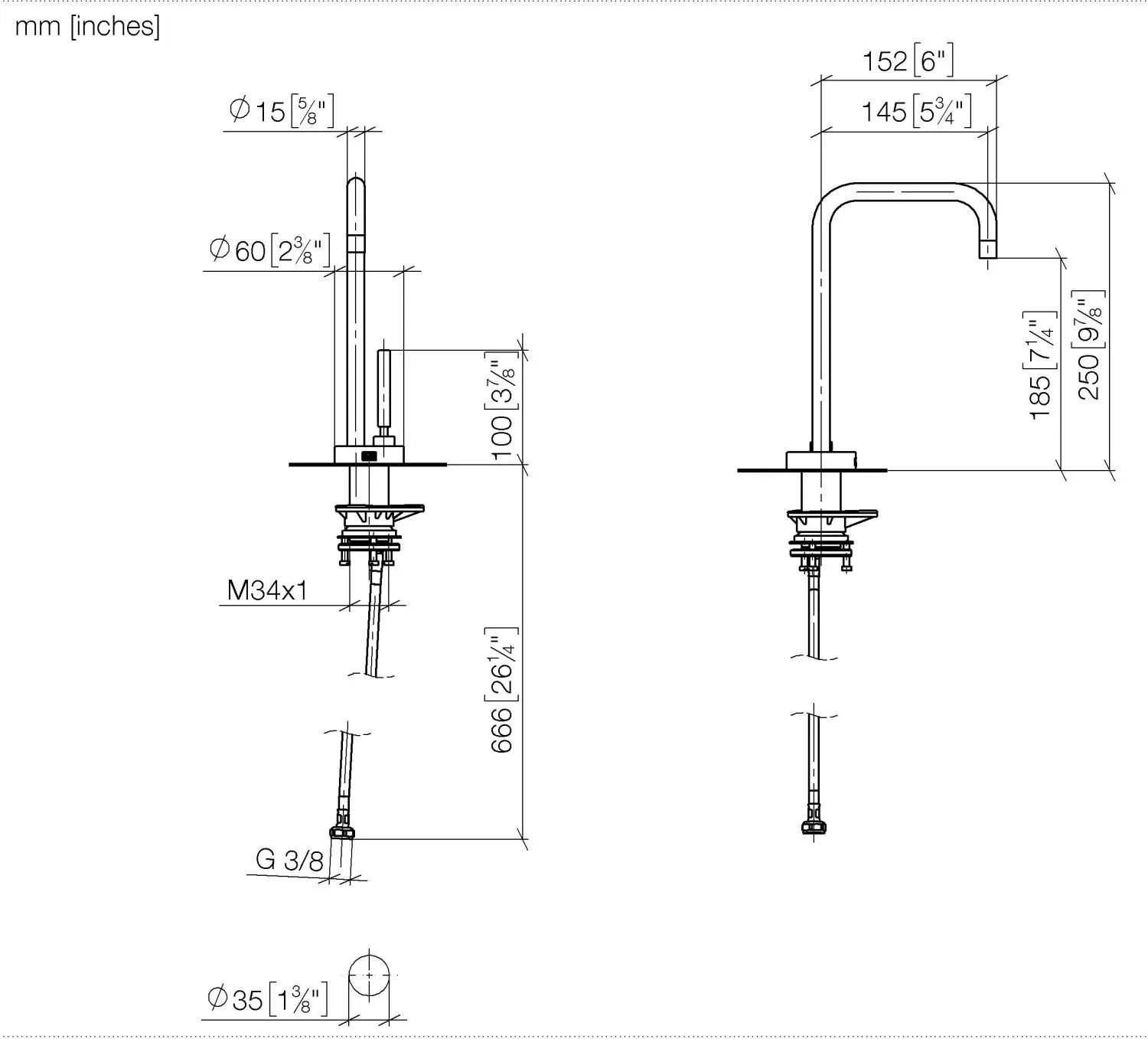 Dornbracht META SQUARE Kaltwasser-Dispenser Chrom gebürstet (Edelstahl-Look), Ausladung 145 mm, Armaturenhöhe 250 mm, Bohrungsdurchmesser 35 mm