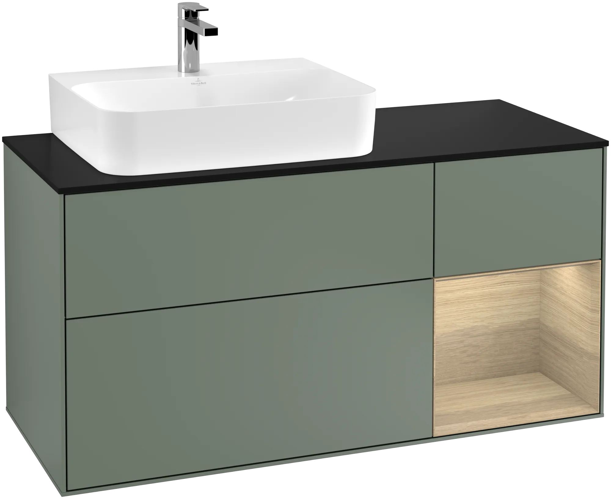 Villeroy & Boch Waschbeckenunterschrank Finion F15, Olive Matt Lacquer / Oak Veneer / Glass Black Matt